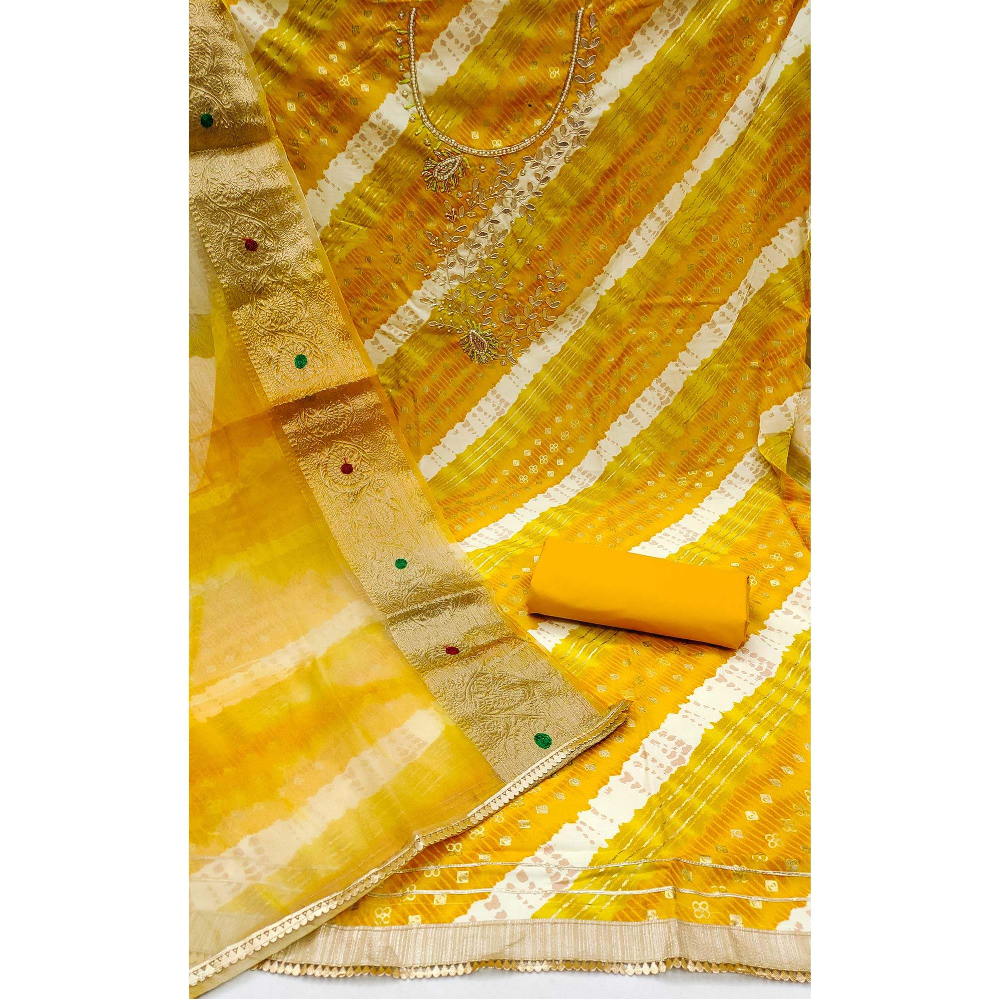 Yellow Printed With Handwork Pure Cotton Dress Material - Image 2