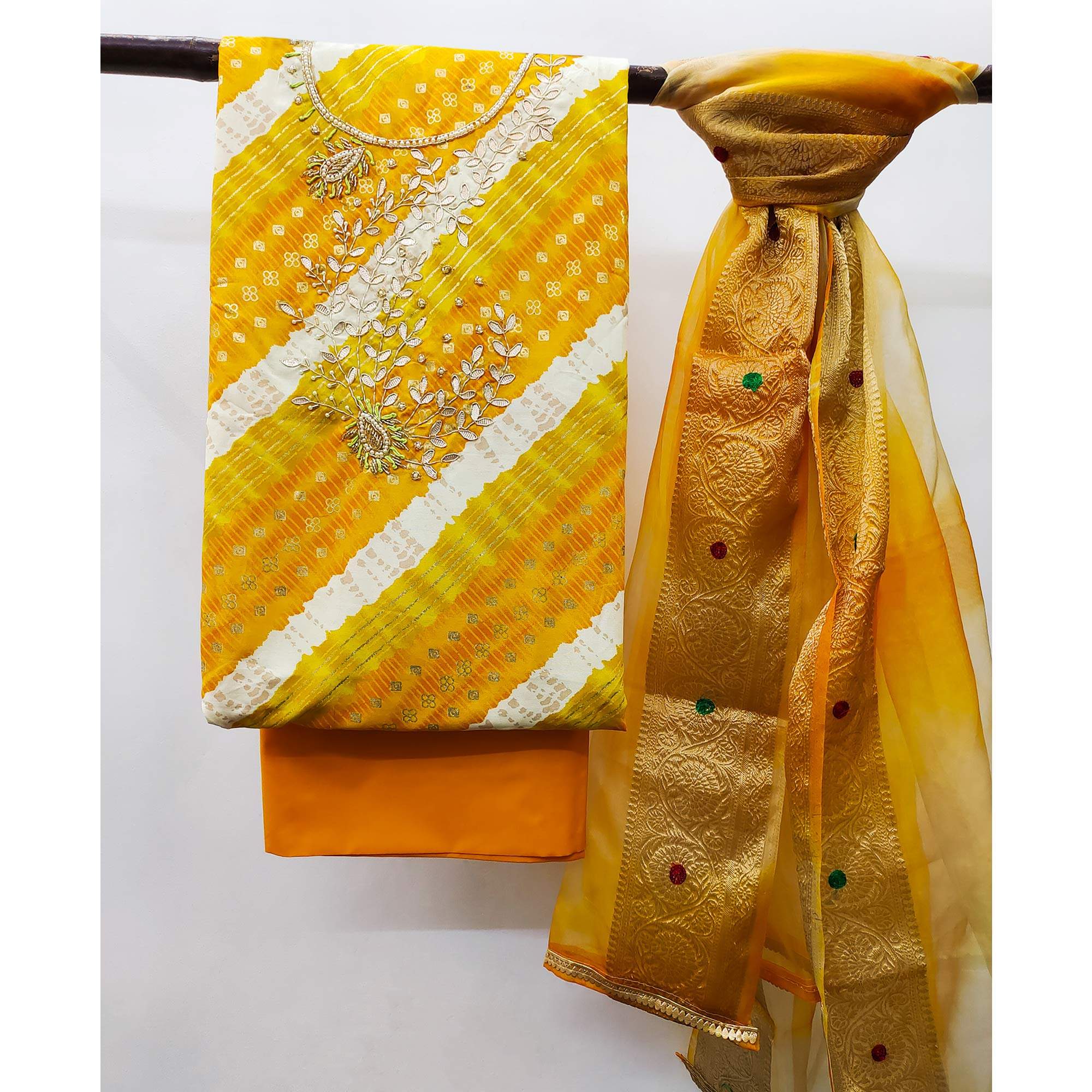 Yellow Printed With Handwork Pure Cotton Dress Material - Image 3
