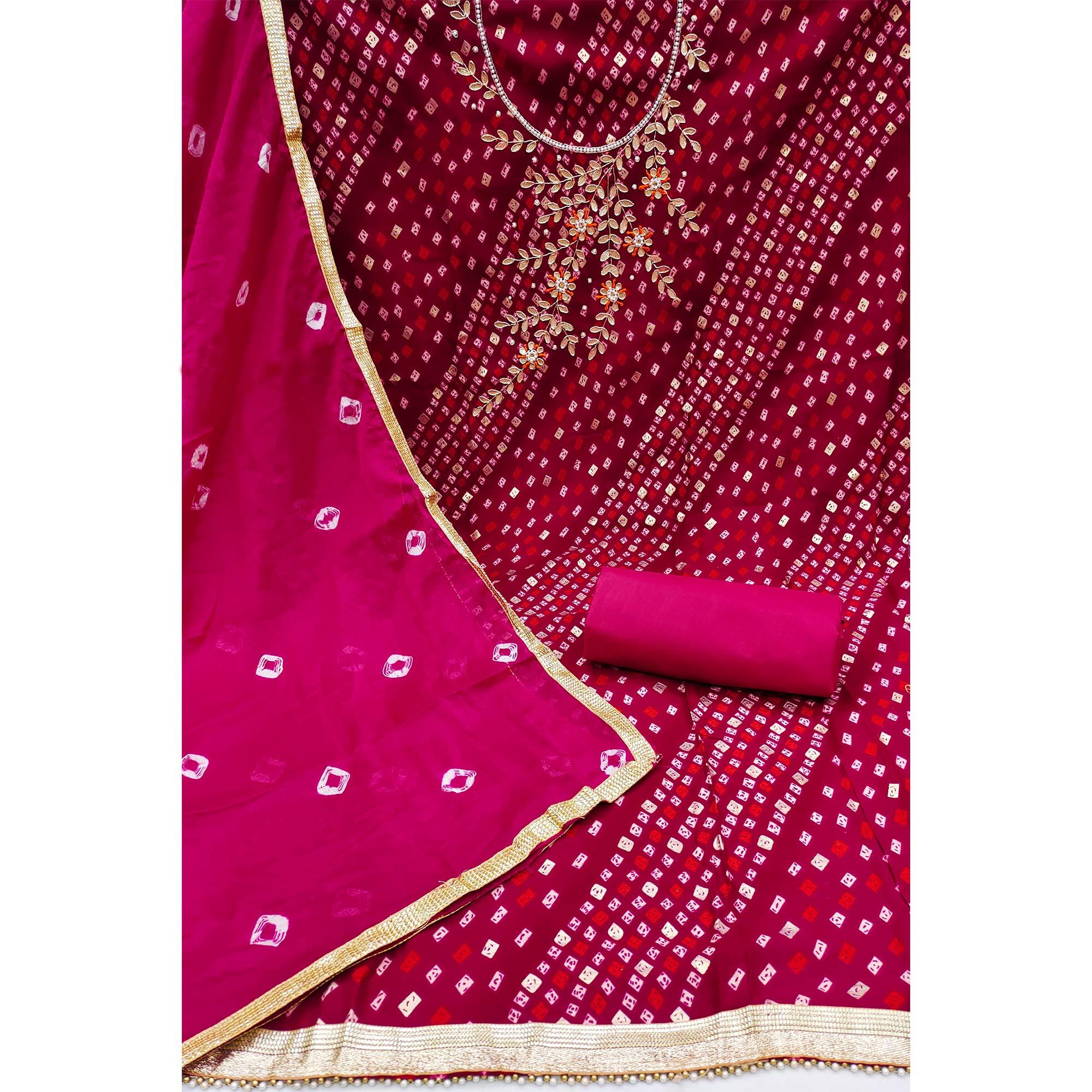 Dark Pink Printed With Handwork Pure Cotton Dress Material - Image 2