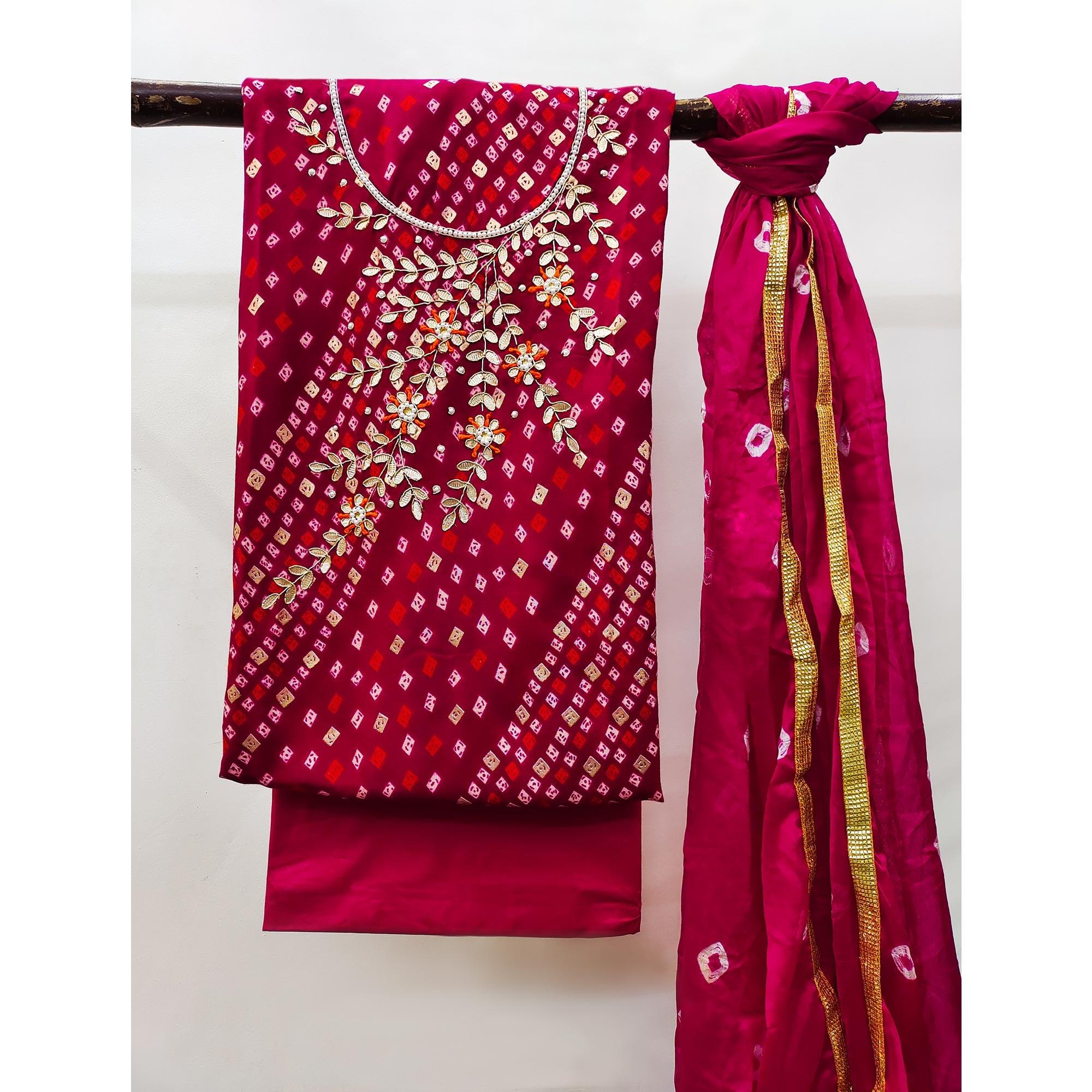 Dark Pink Printed With Handwork Pure Cotton Dress Material - Image 3