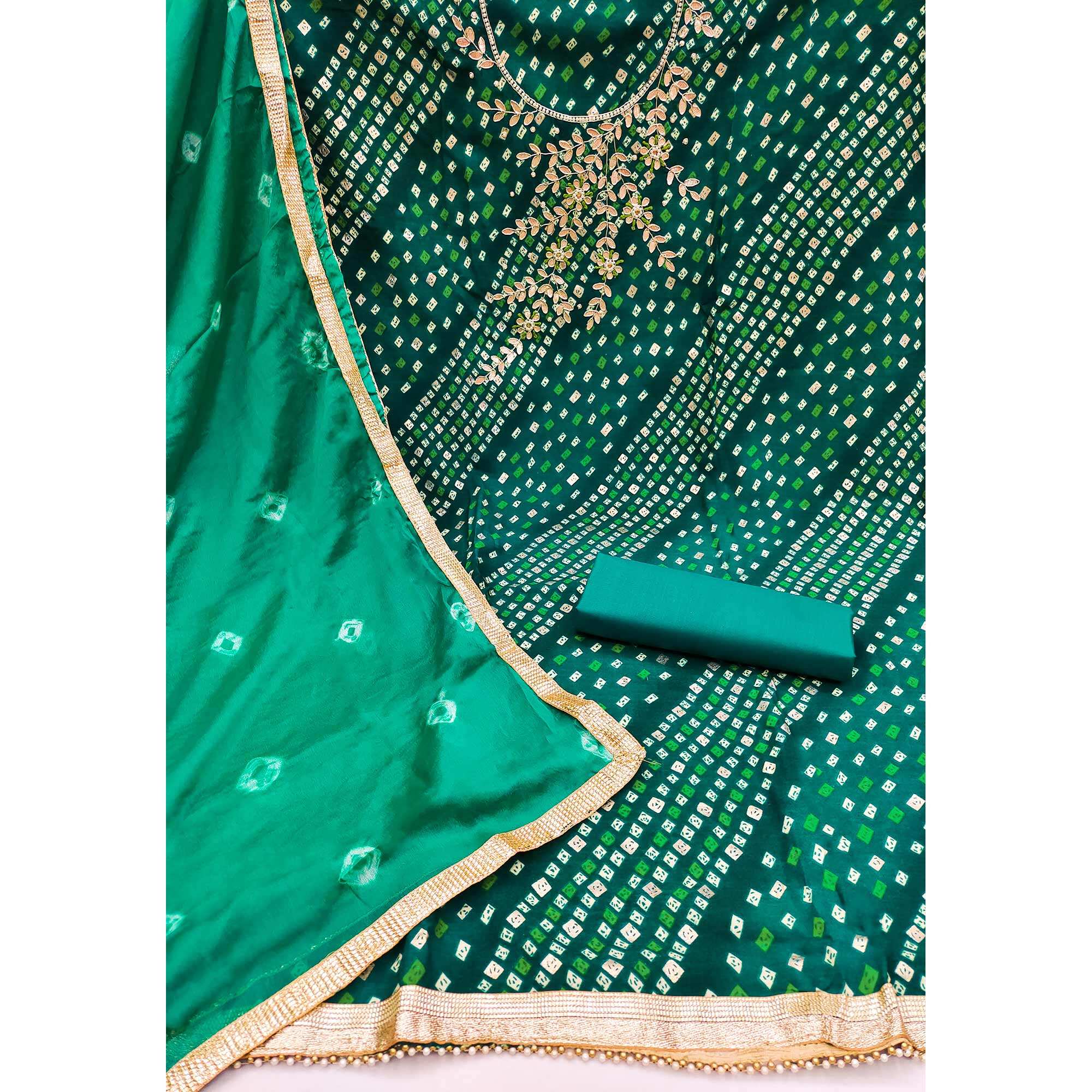Green Printed With Handwork Pure Cotton Dress Material - Image 2