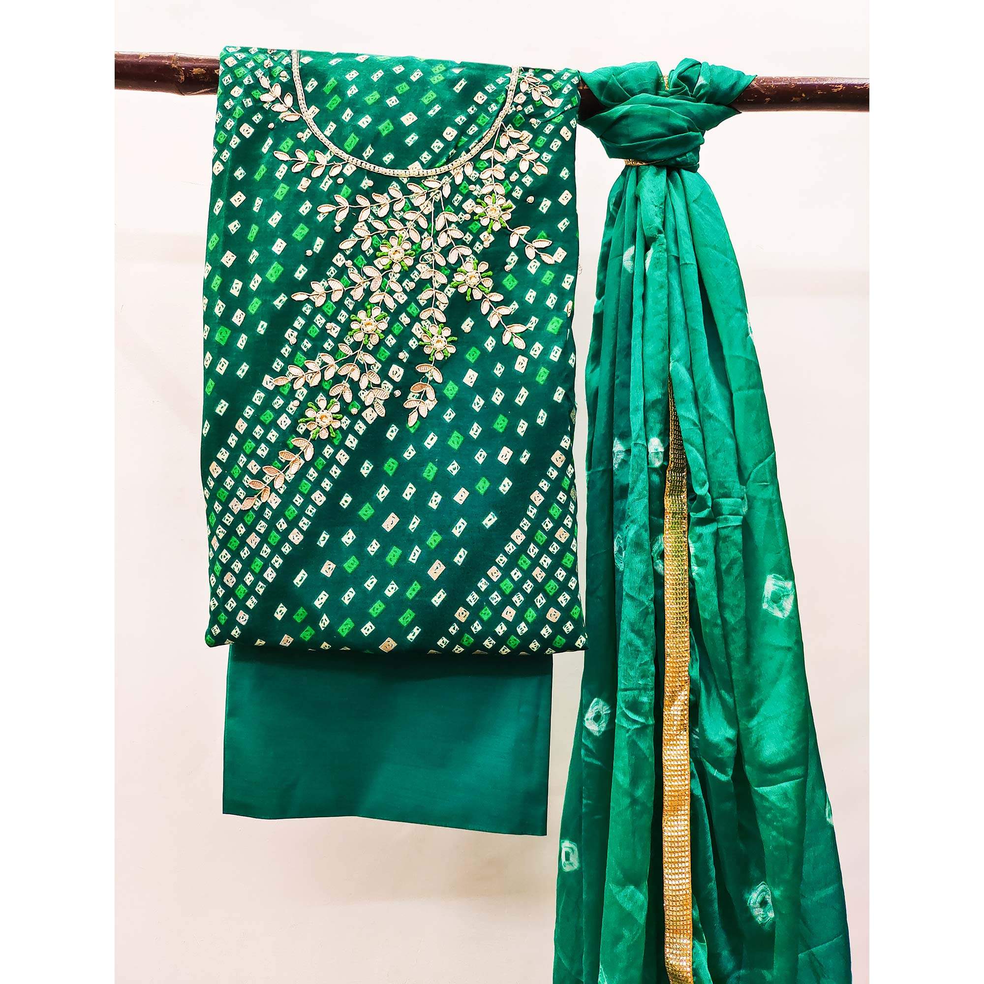 Green Printed With Handwork Pure Cotton Dress Material - Image 3