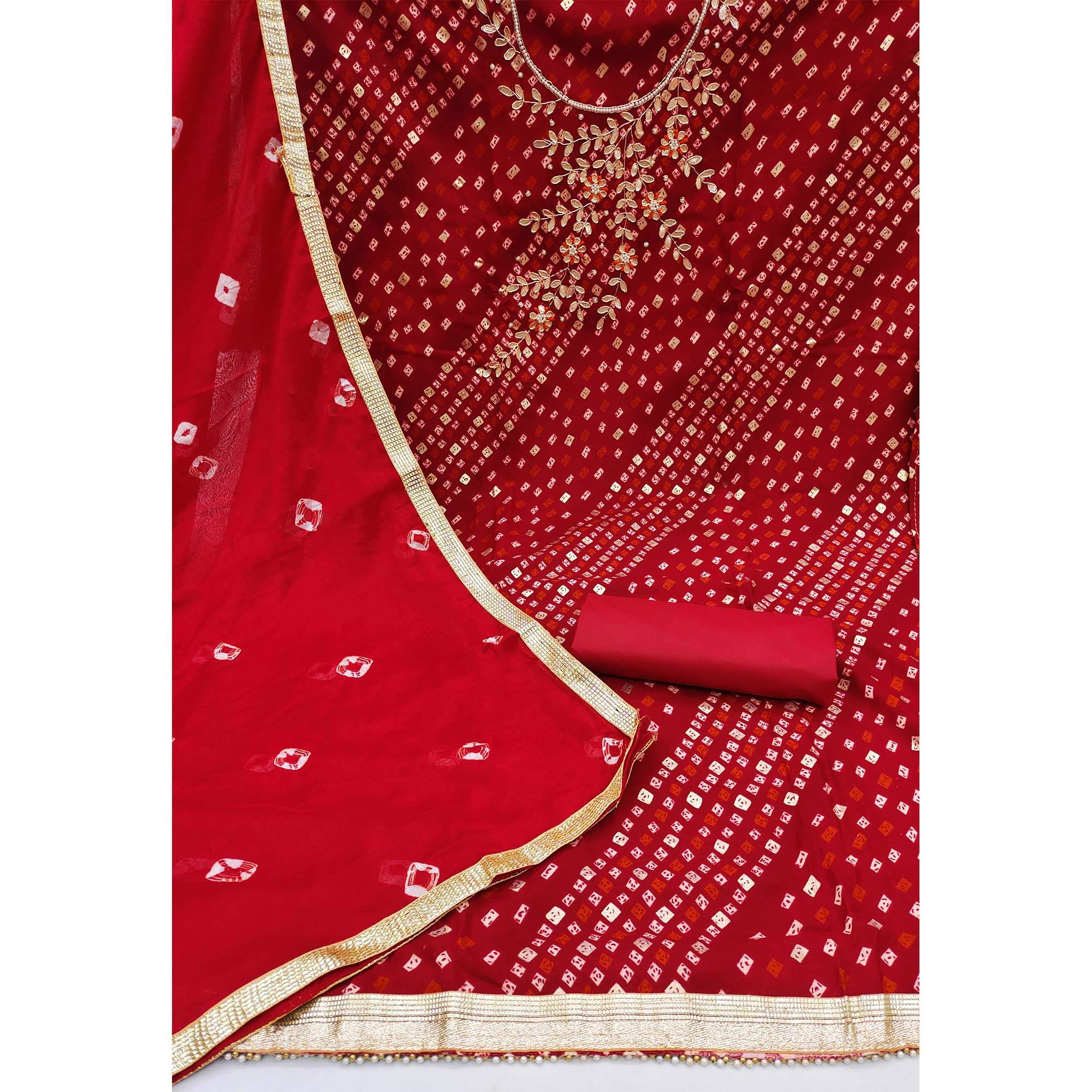 Red Printed With Handwork Pure Cotton Dress Material - Image 2
