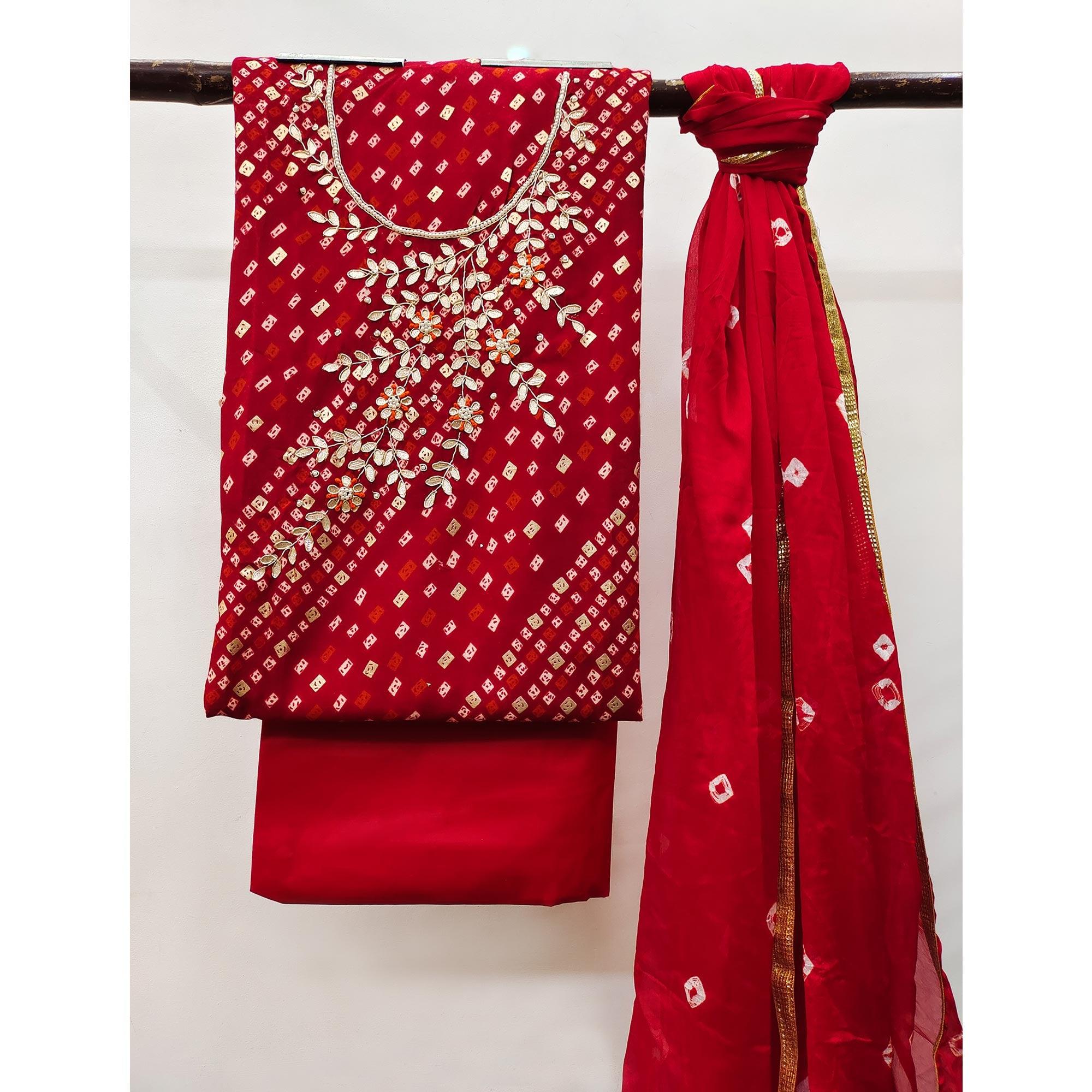 Red Printed With Handwork Pure Cotton Dress Material - Image 3