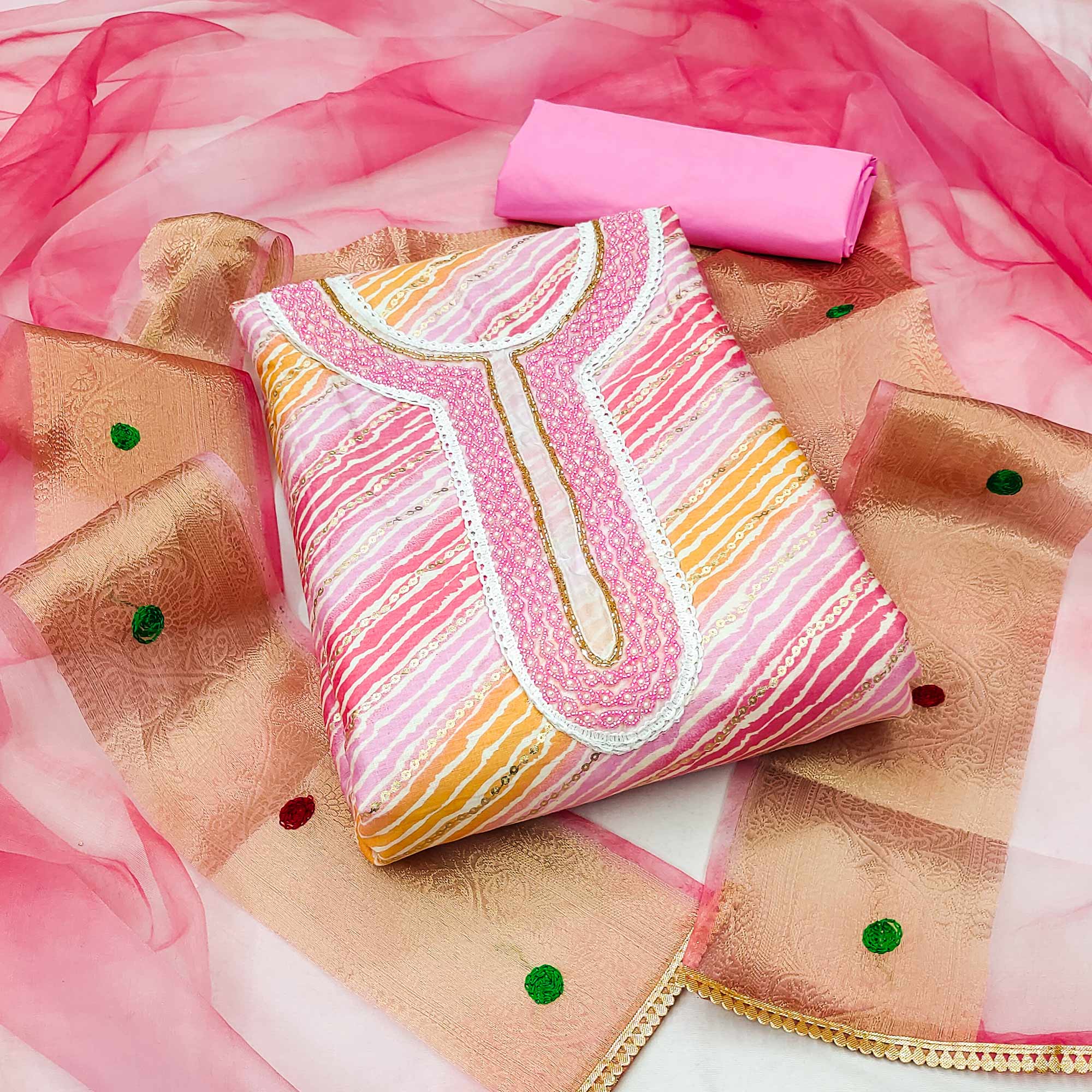 Light Pink Printed With Handwork Pure Cotton Dress Material