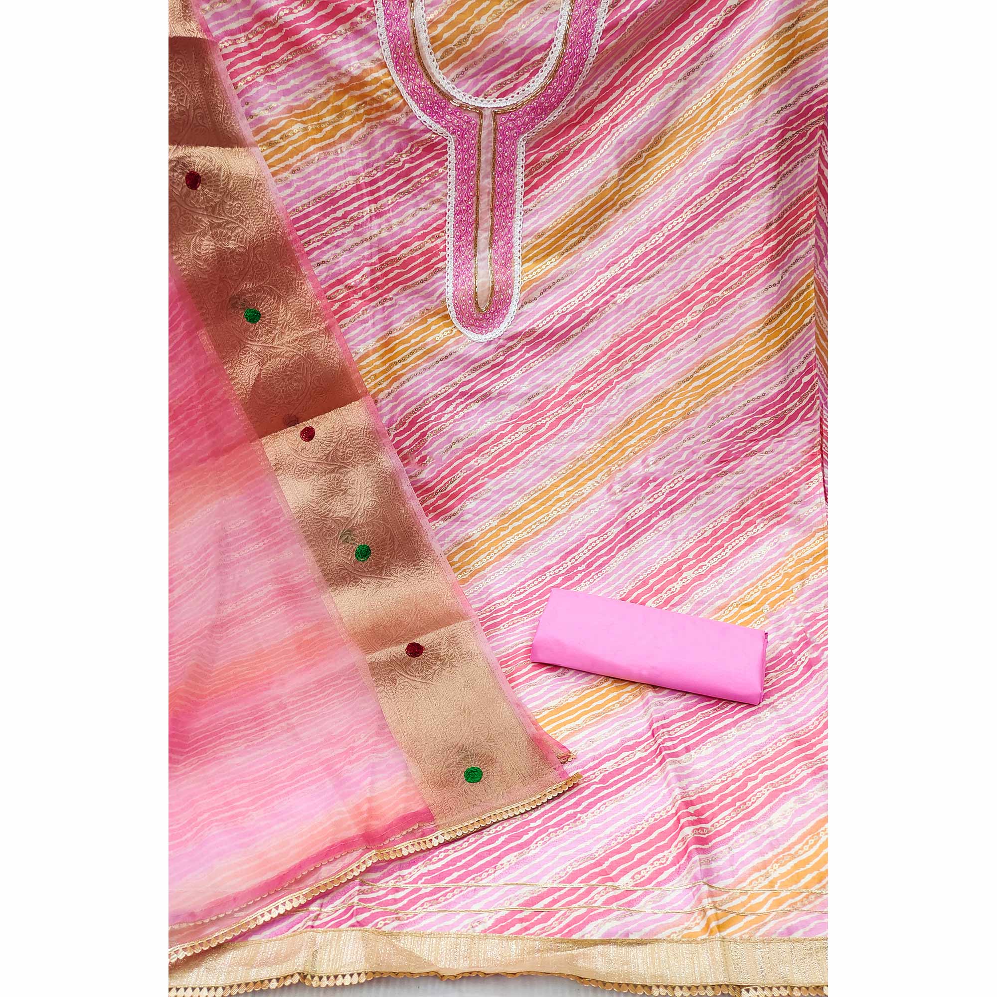 Light Pink Printed With Handwork Pure Cotton Dress Material - Image 2