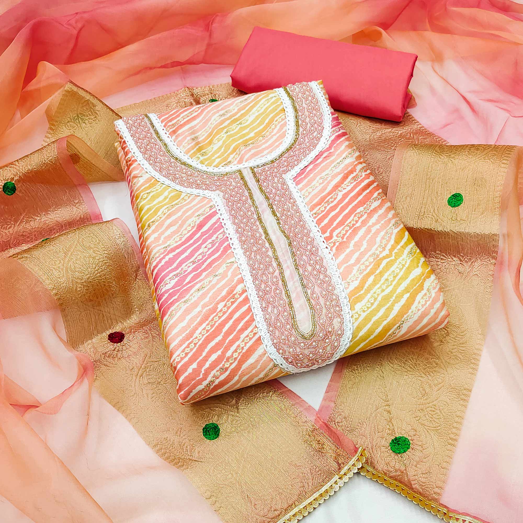 Peach Printed With Handwork Pure Cotton Dress Material