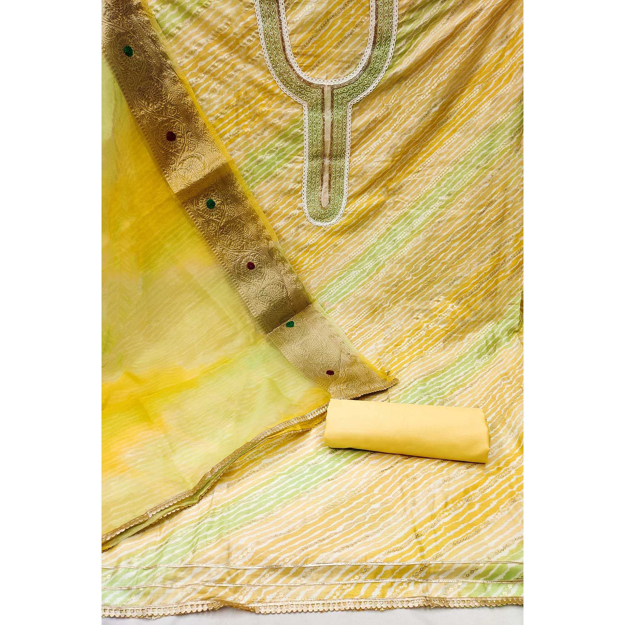Yellow Printed With Handwork Pure Cotton Dress Material - Image 2