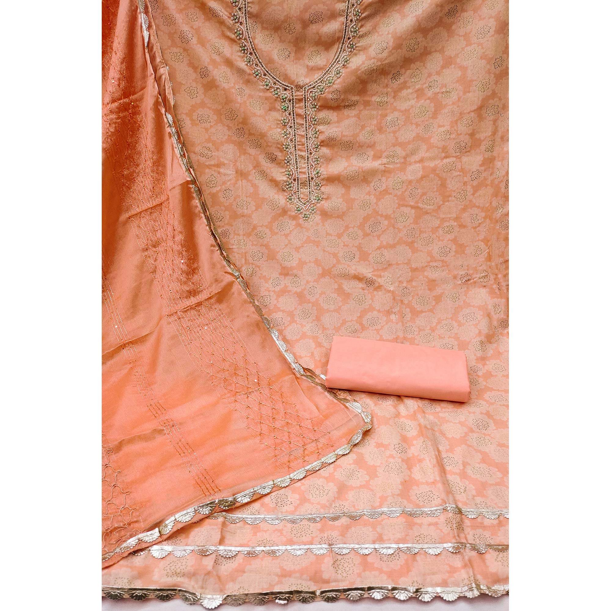 Peach Printed With Motiwork Pure Cotton Dress Material - Image 2