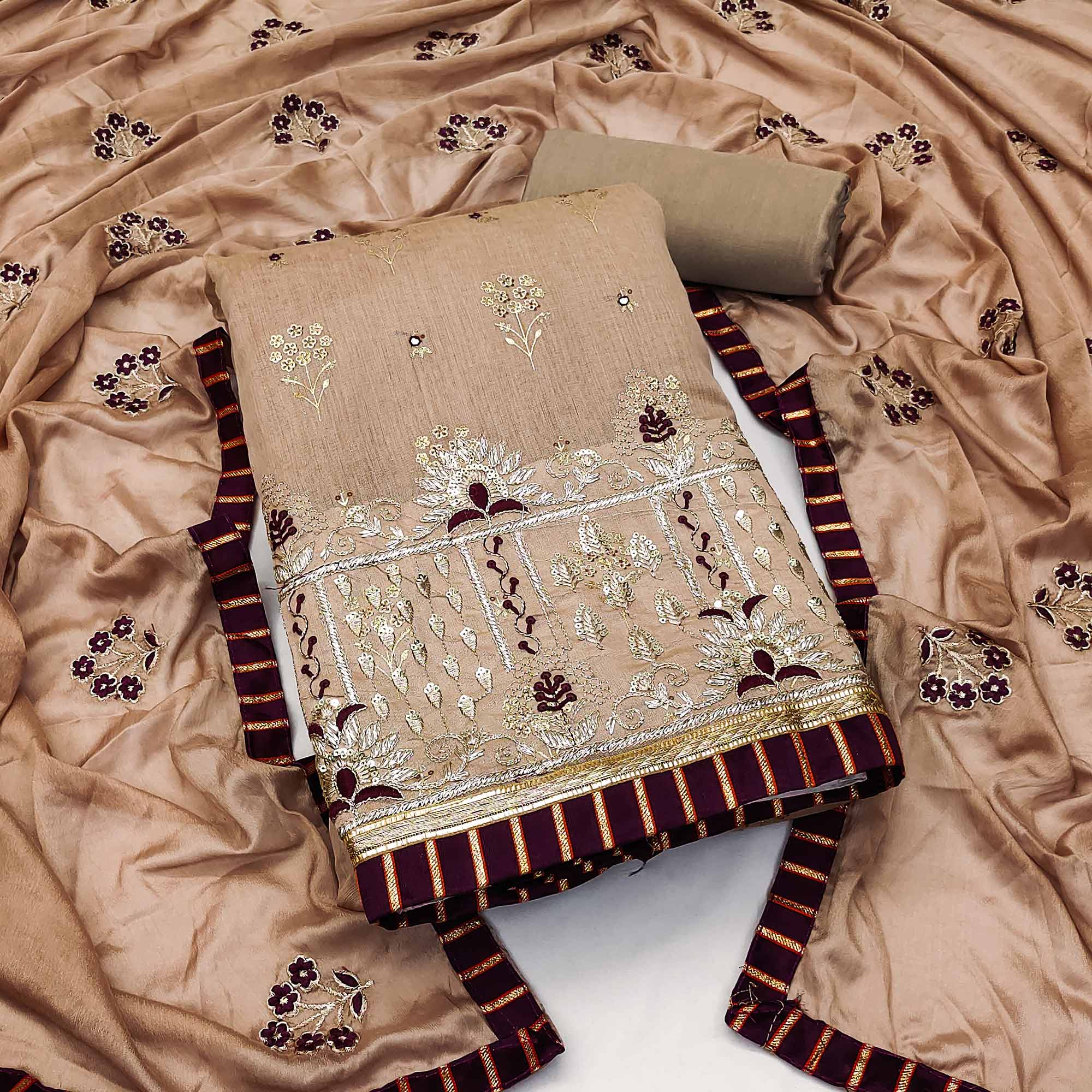 Brown Floral Printed With Embroidery Modal Dress Material