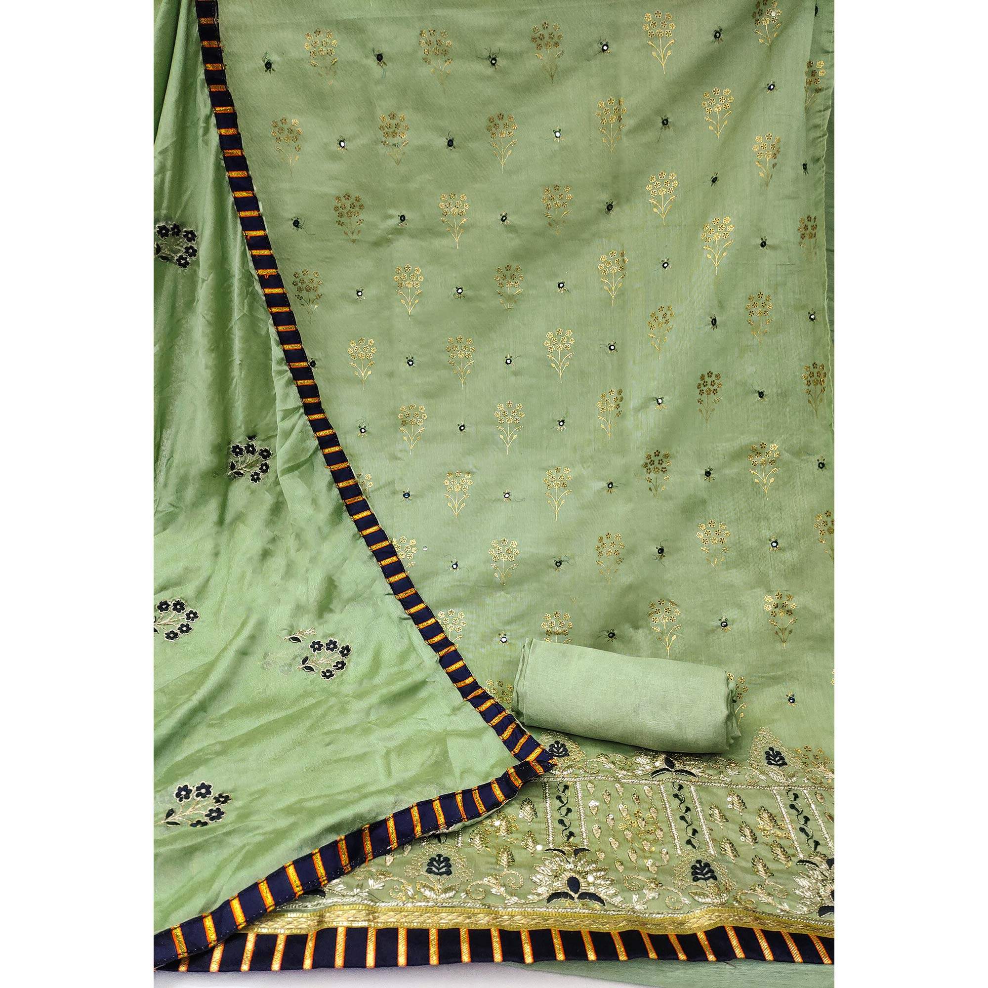 Green Floral Printed With Embroidery Modal Dress Material - Image 2