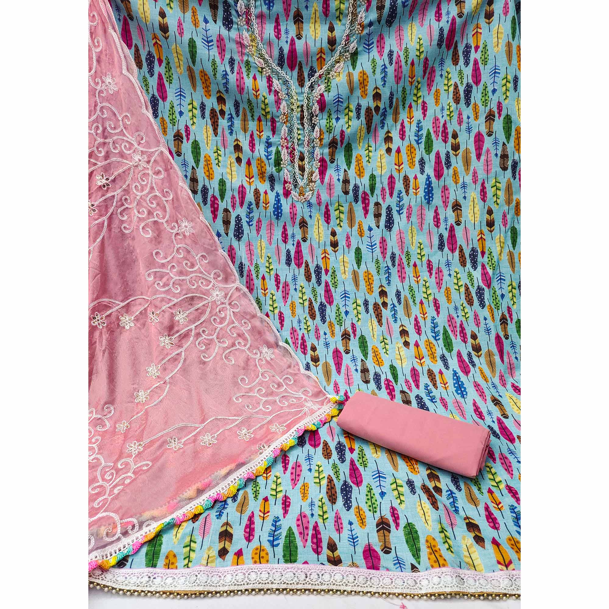 Blue Printed With Handwork Pure Cotton Dress Material - Image 2