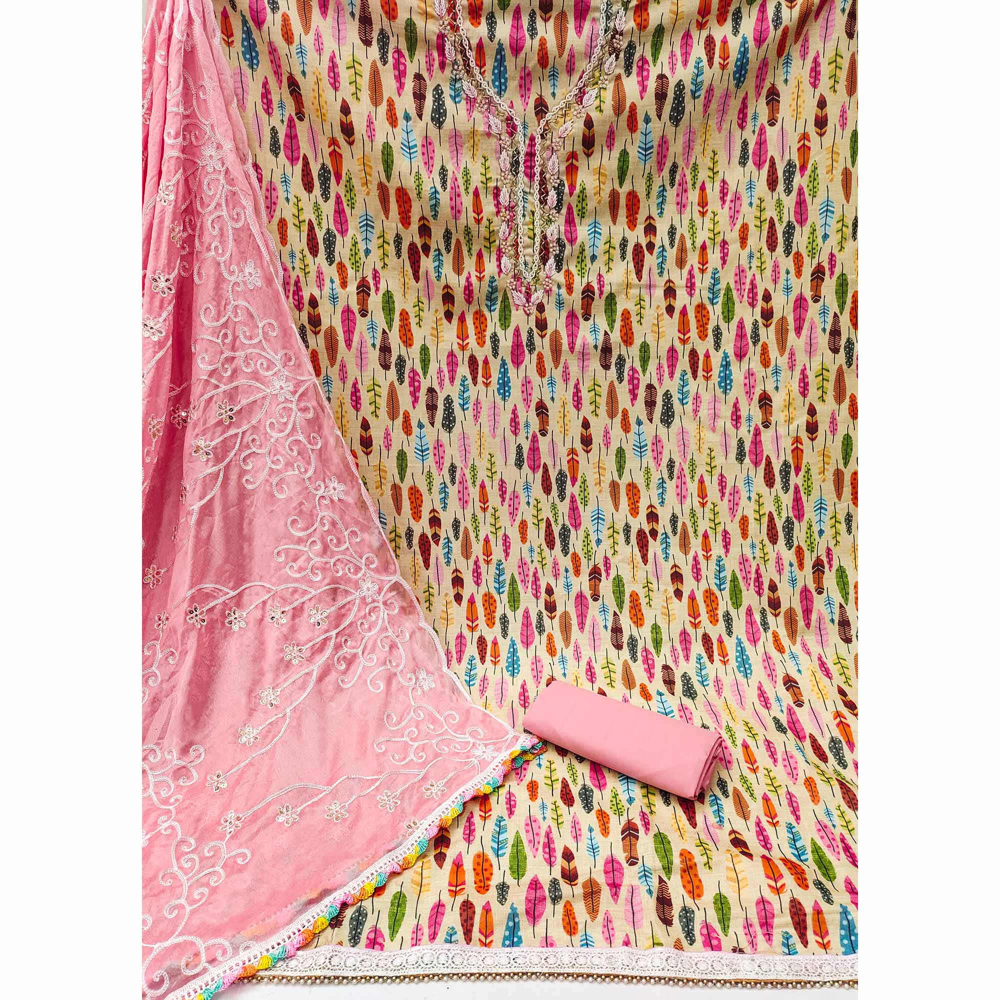 Chikoo Printed With Handwork Pure Cotton Dress Material - Image 2