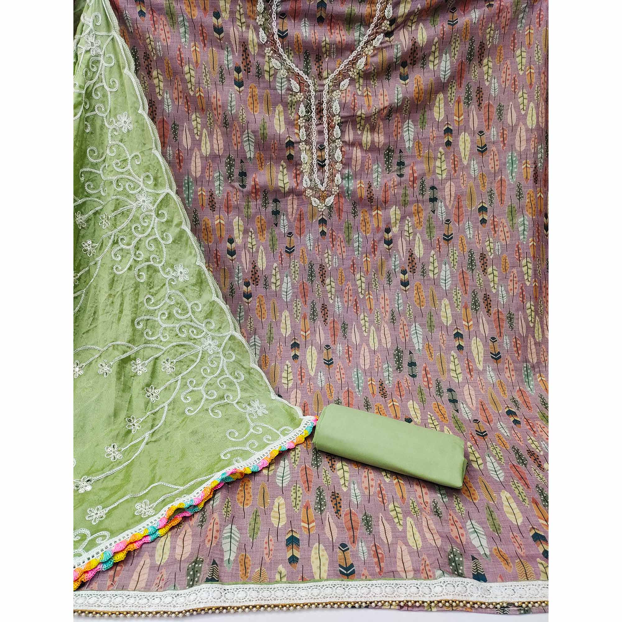Purple Printed With Handwork Pure Cotton Dress Material - Image 2