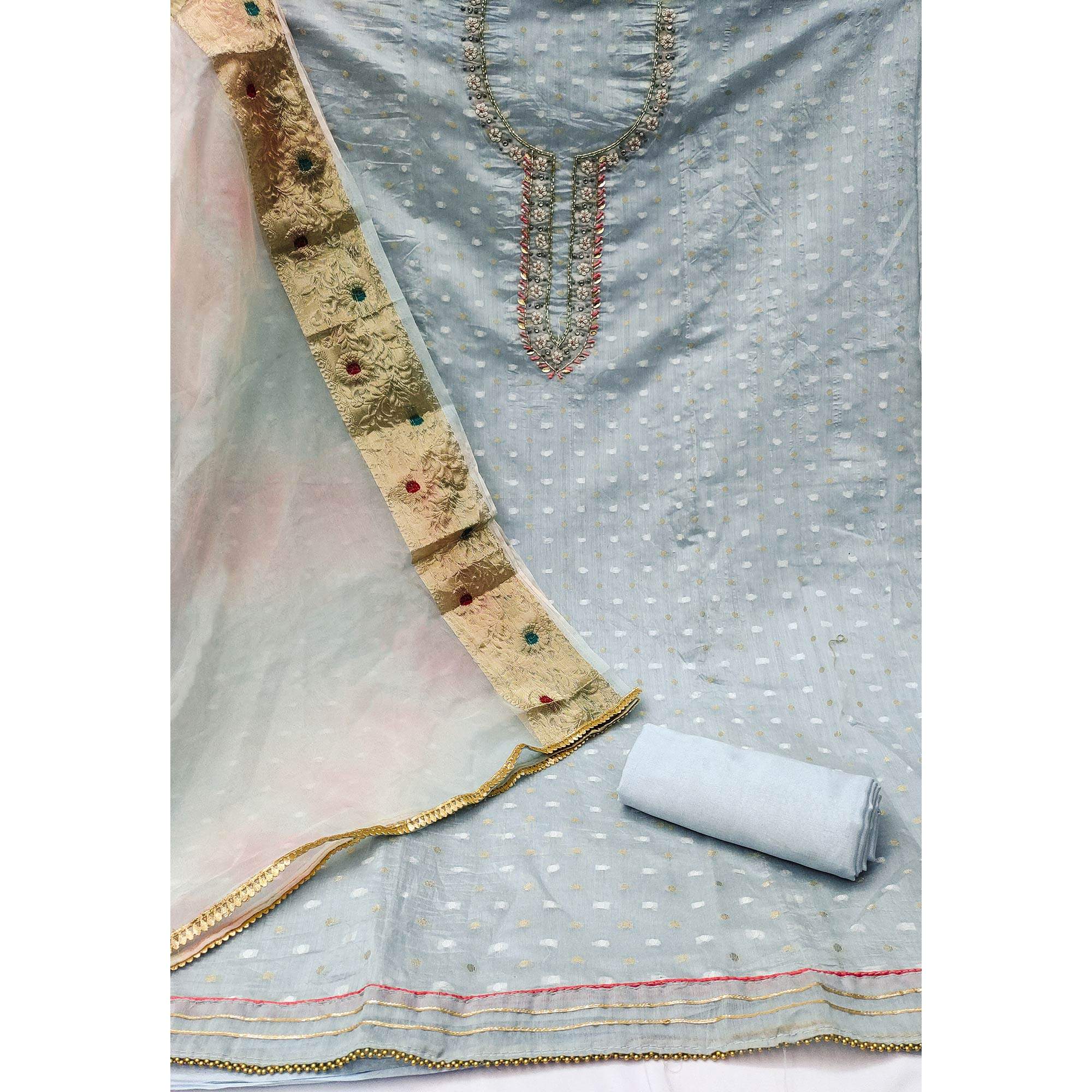 Grey Woven With Handwork Modal Dress Material - Image 2