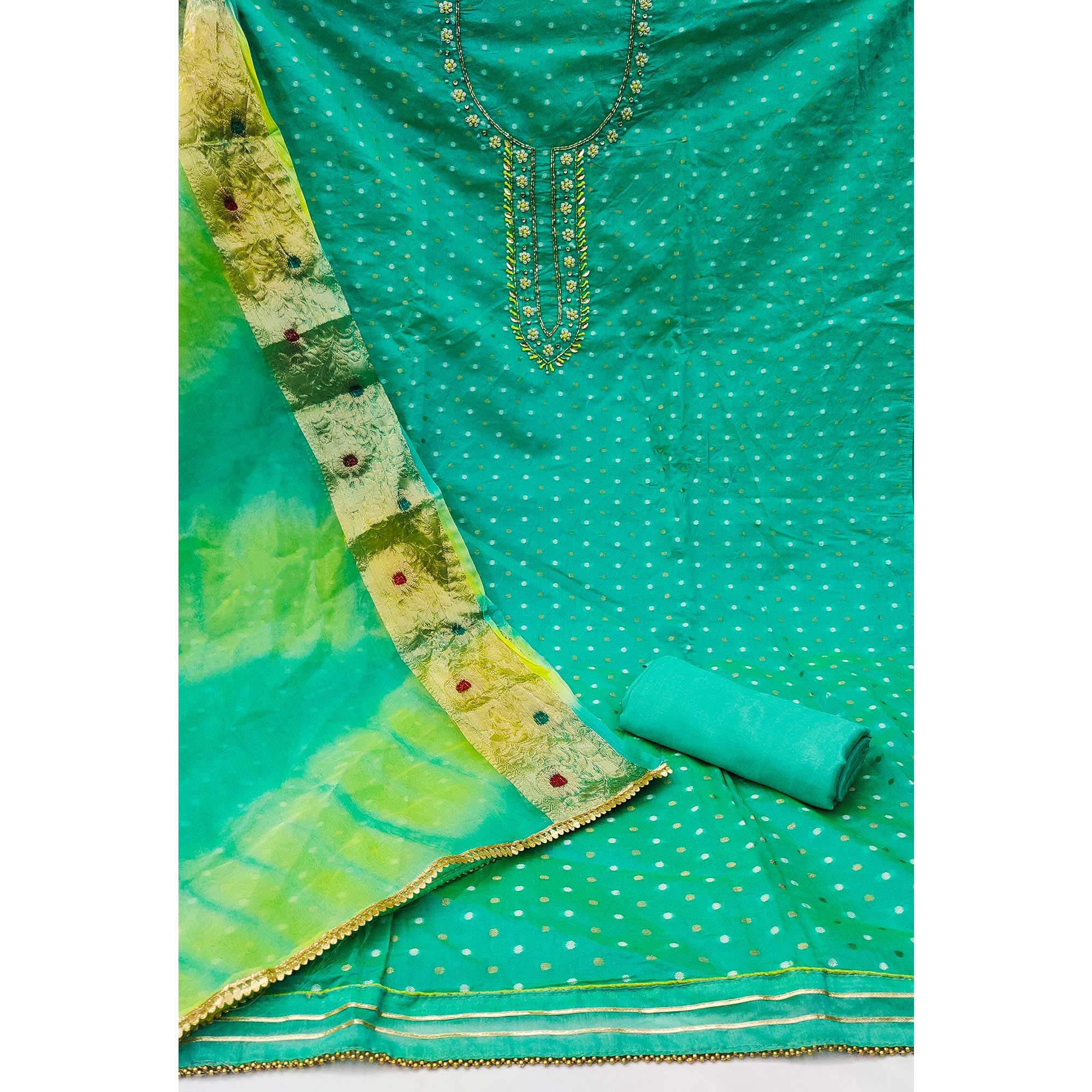 Rama Green Woven With Handwork Modal Dress Material - Image 2