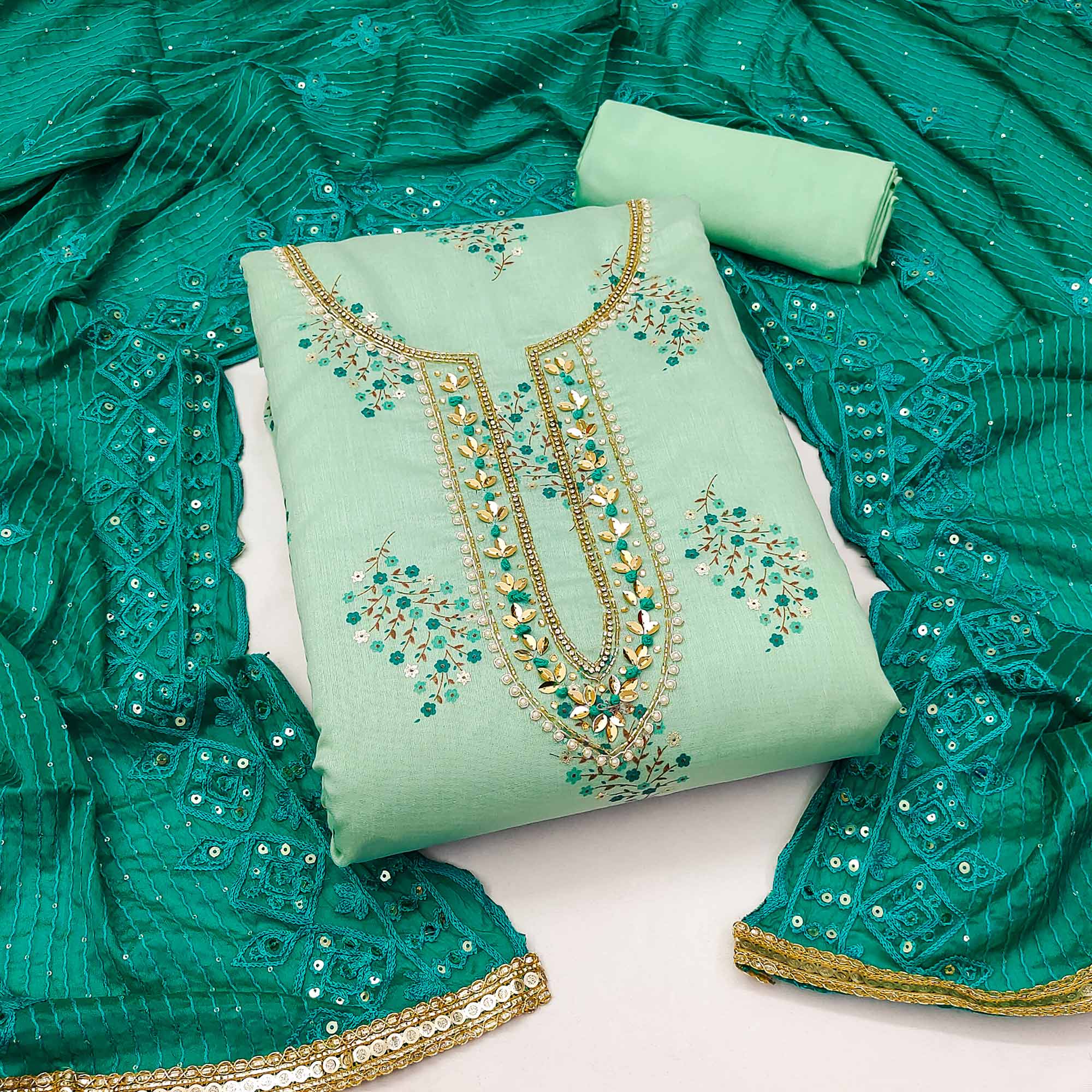 Green Printed With Handwork Modal Dress Material