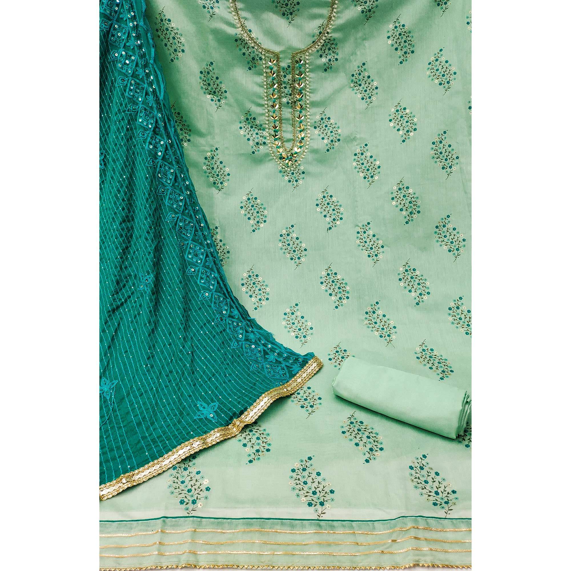 Green Printed With Handwork Modal Dress Material - Image 2