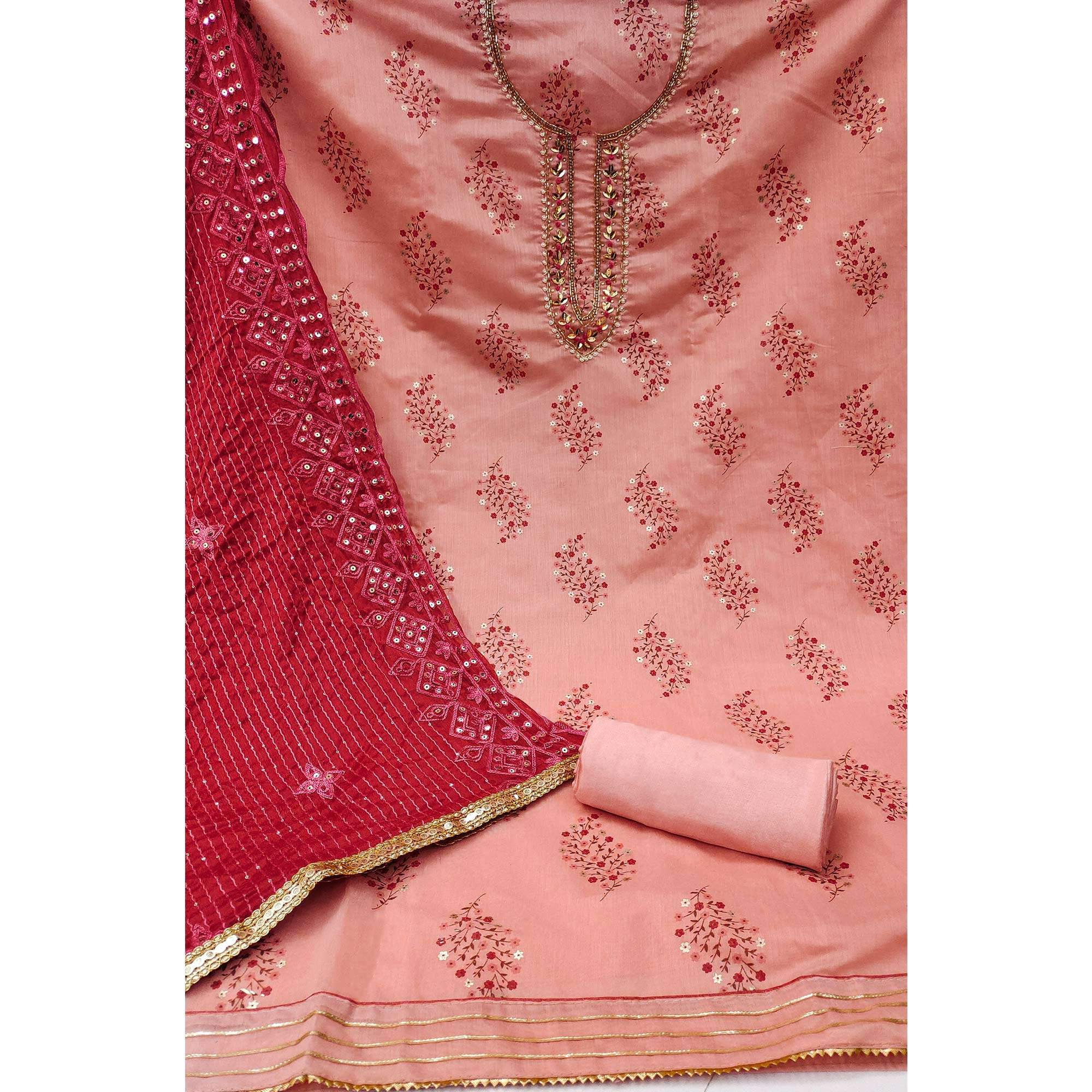 Peach Printed With Handwork Modal Dress Material - Image 2