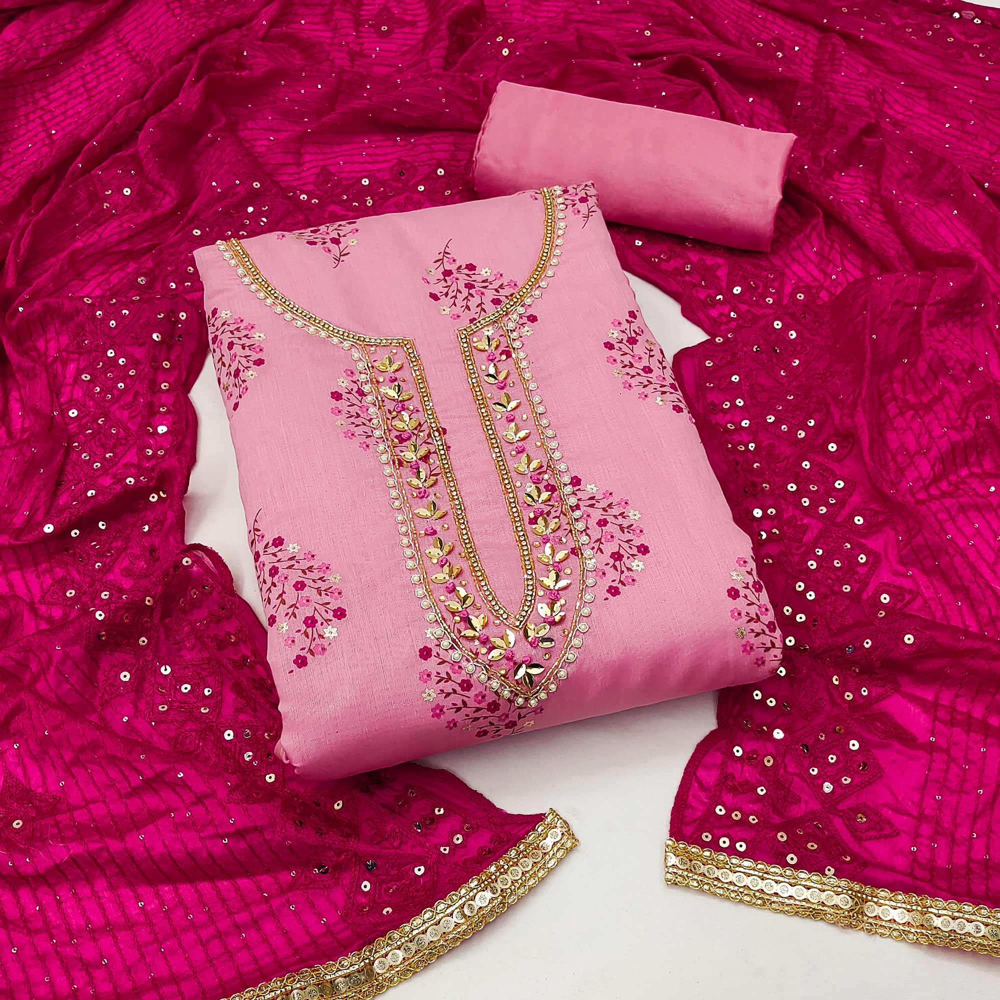Pink Printed With Handwork Modal Dress Material