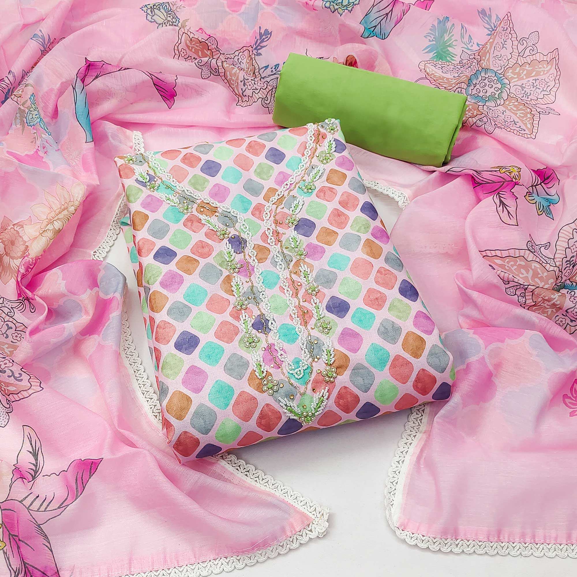 Pink Printed With Handwork Pure Cotton Dress Material