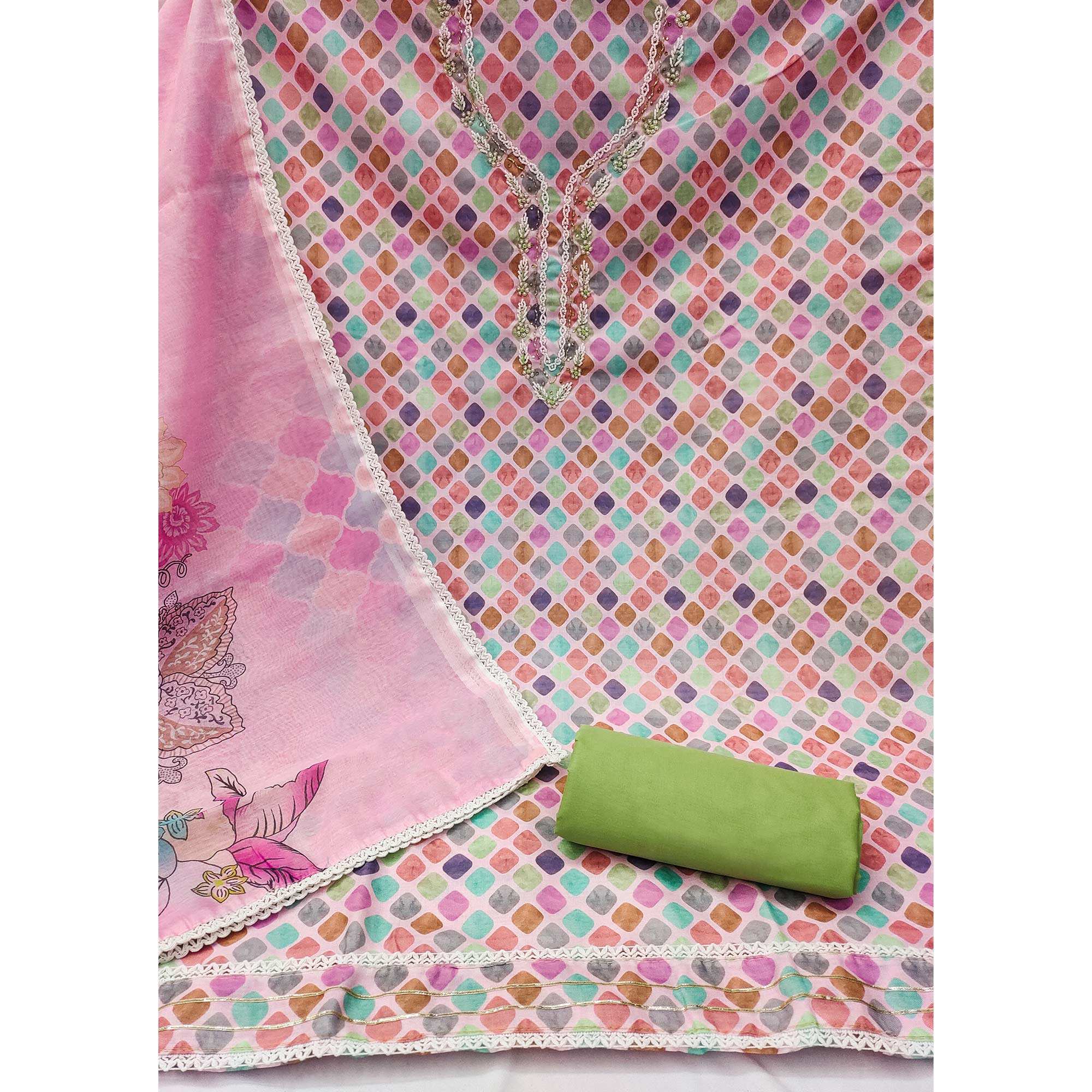 Pink Printed With Handwork Pure Cotton Dress Material - Image 2