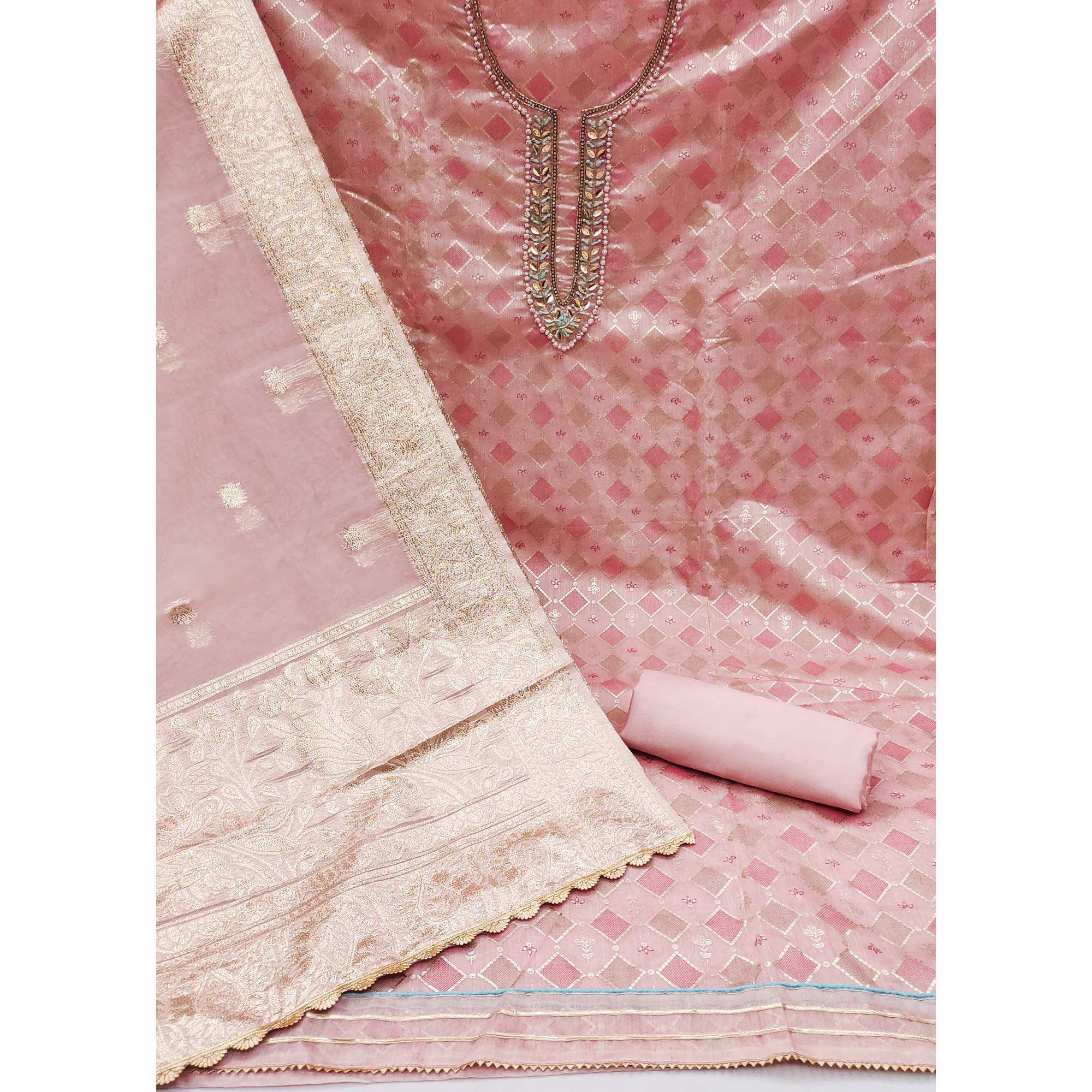 Peach Printed With Handwork Modal Dress Material - Image 2