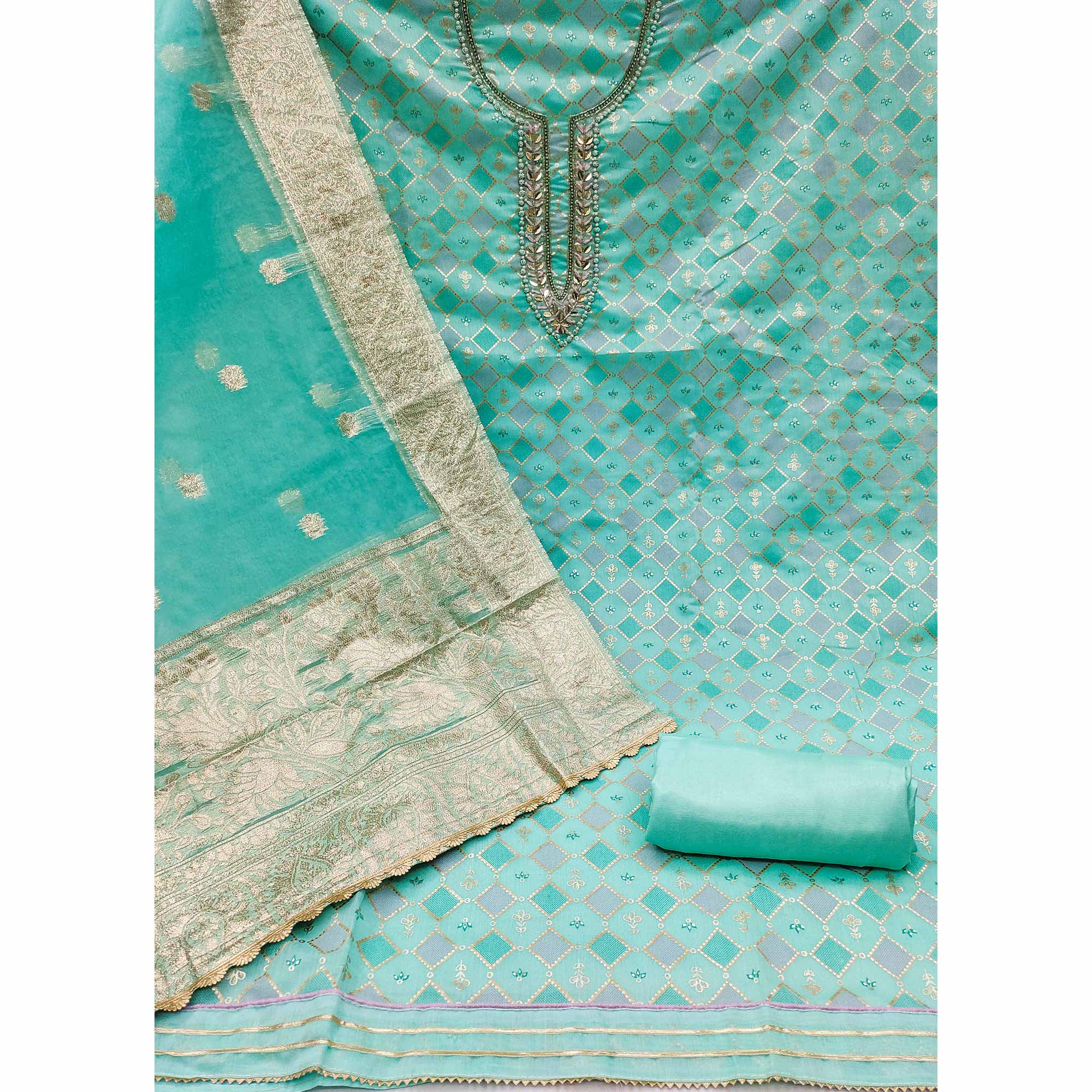 Turquoise Printed With Handwork Modal Dress Material - Image 2