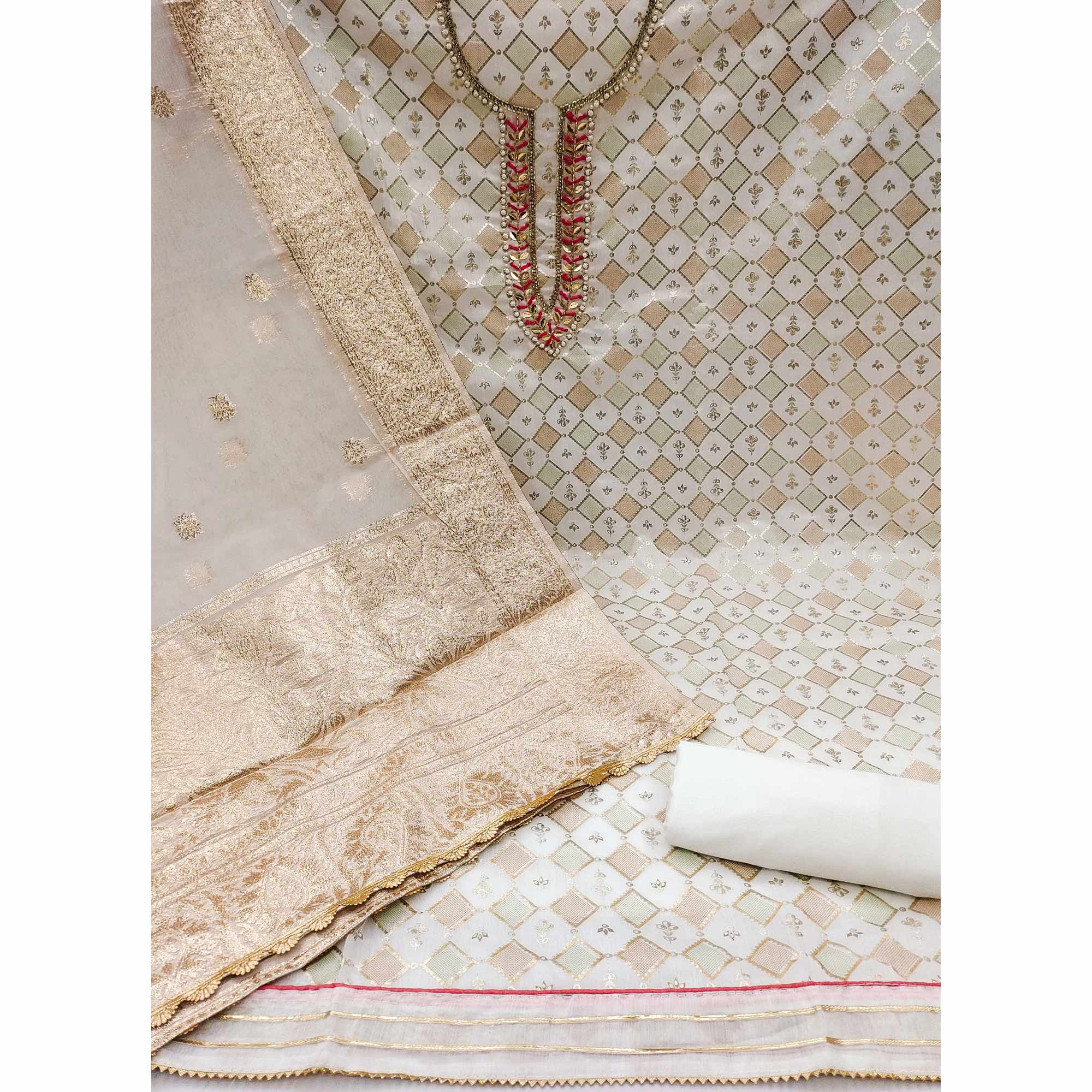 White Printed With Handwork Modal Dress Material - Image 2