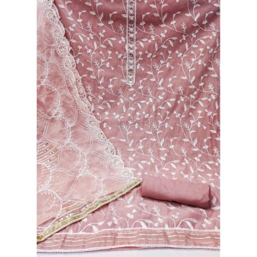 Dusty Pink Floral Embroidered Modal Dress Material - Image 2