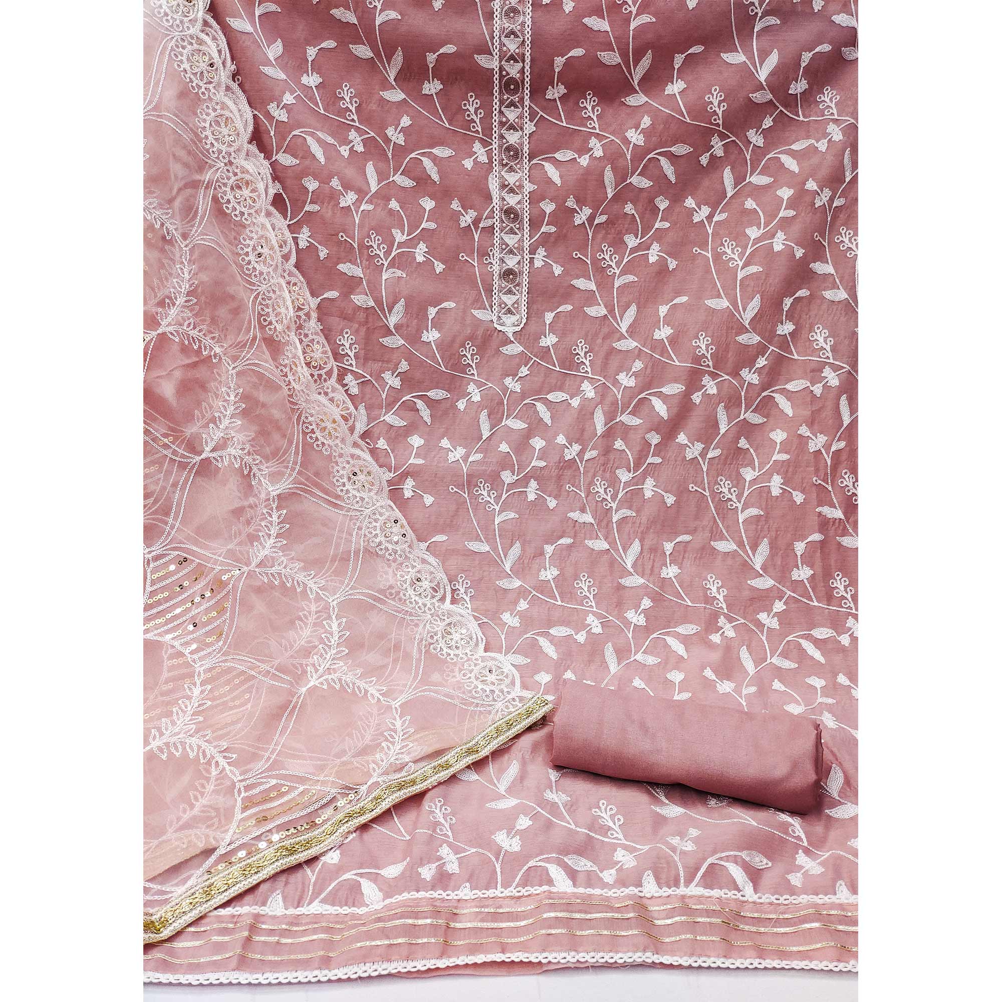 Dusty Pink Floral Embroidered Modal Dress Material - Image 2