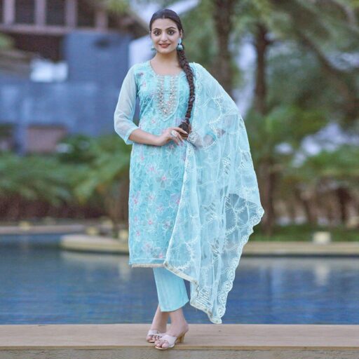 Blue Printed With Handwork Organza Salwar Suit