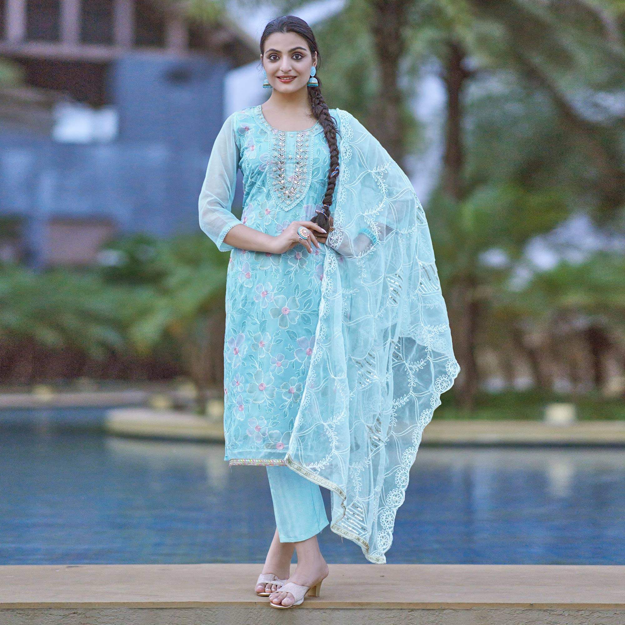 Blue Printed With Handwork Organza Salwar Suit
