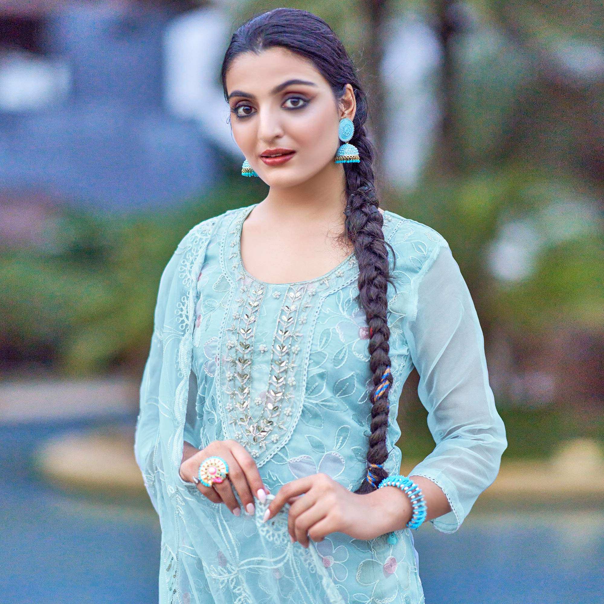 Blue Printed With Handwork Organza Salwar Suit - Image 2