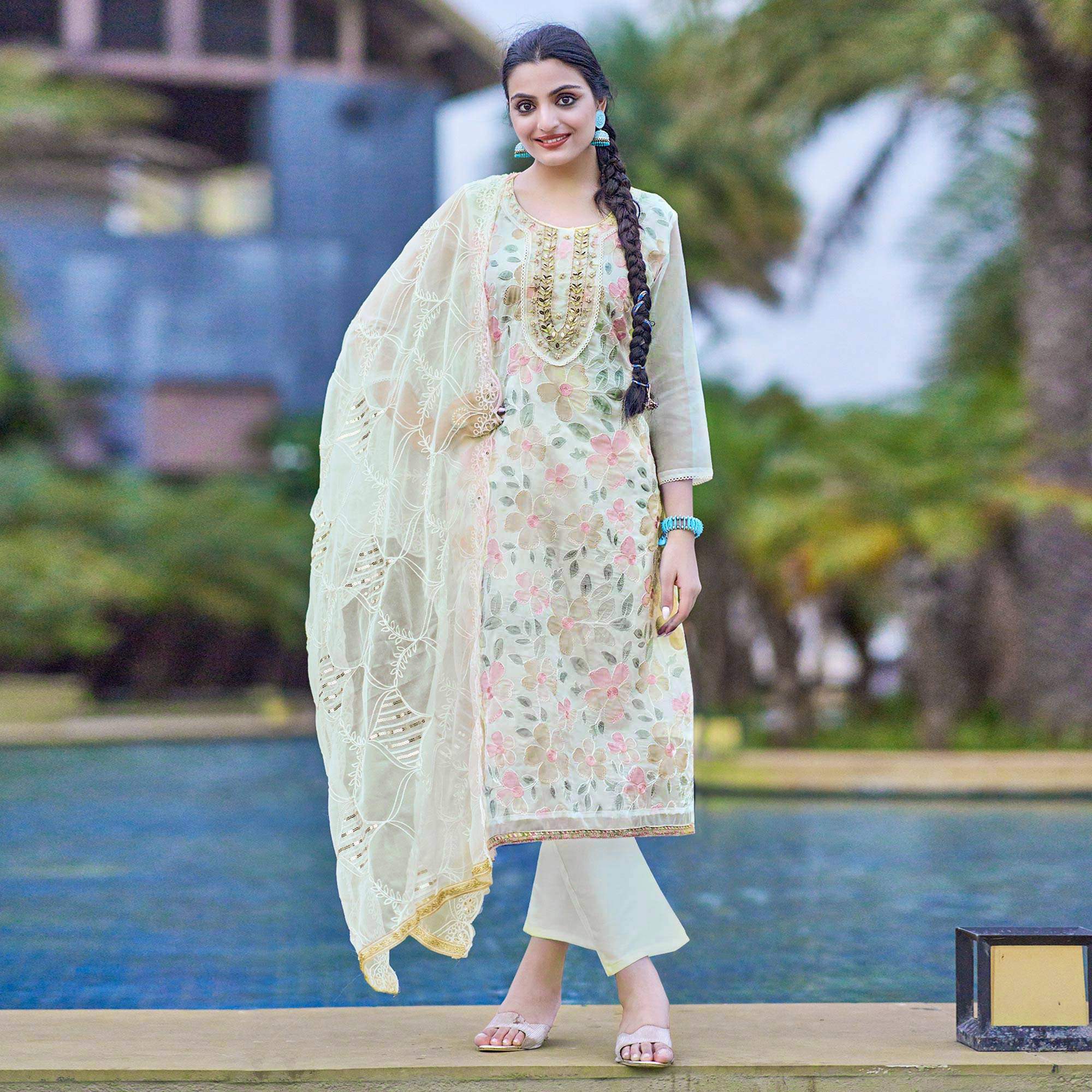 Cream Printed With Handwork Organza Salwar Suit