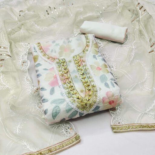 Cream Printed With Handwork Organza Dress Material