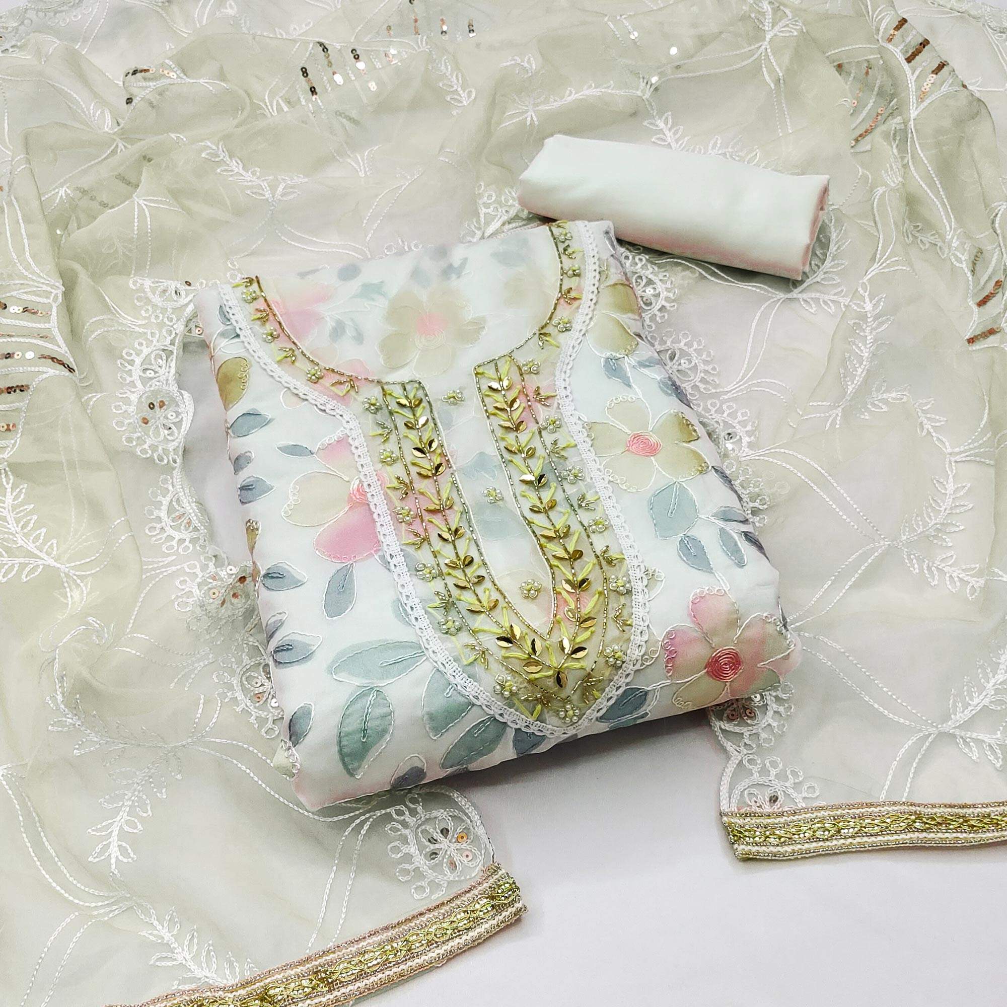 Cream Printed With Handwork Organza Dress Material