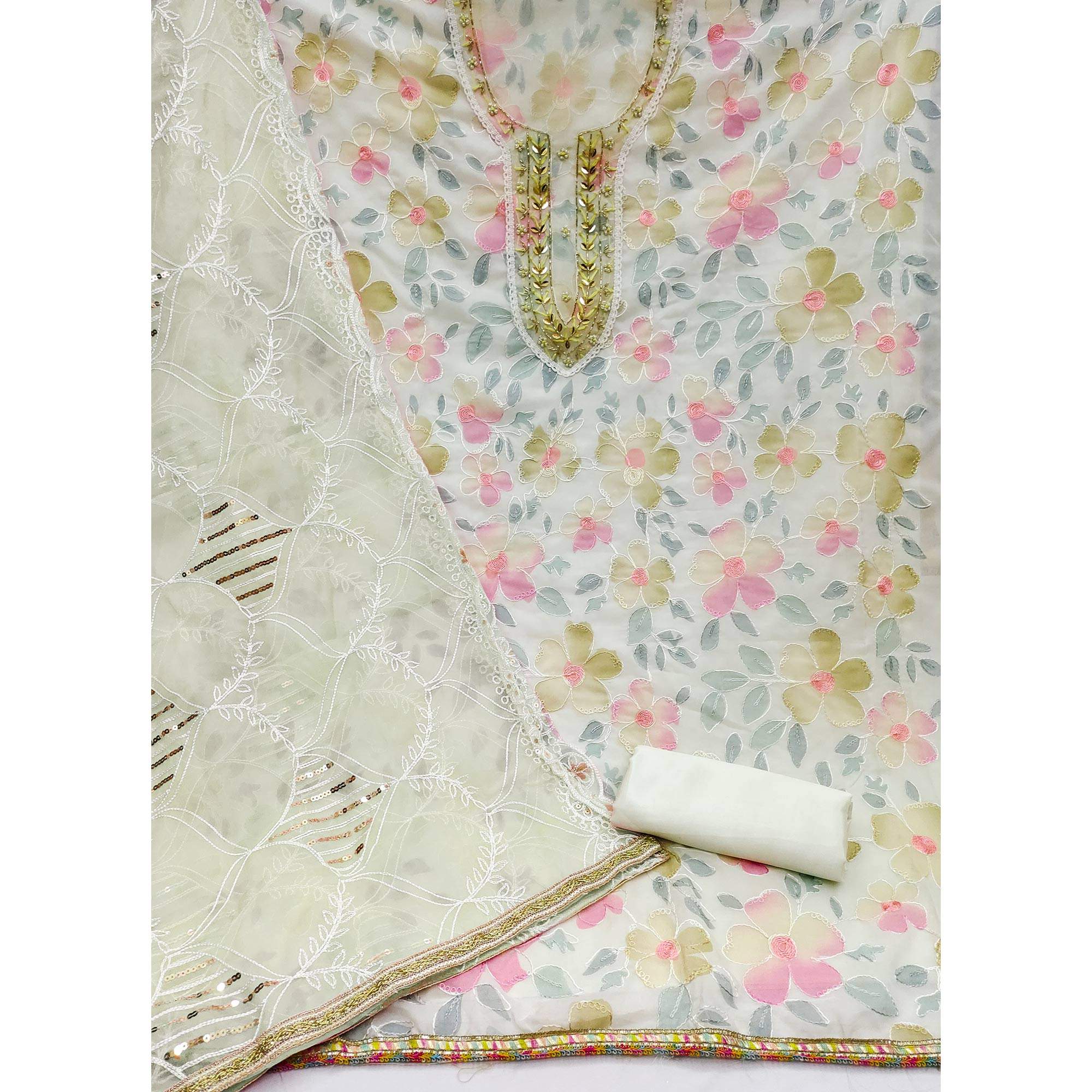 Cream Printed With Handwork Organza Dress Material - Image 2