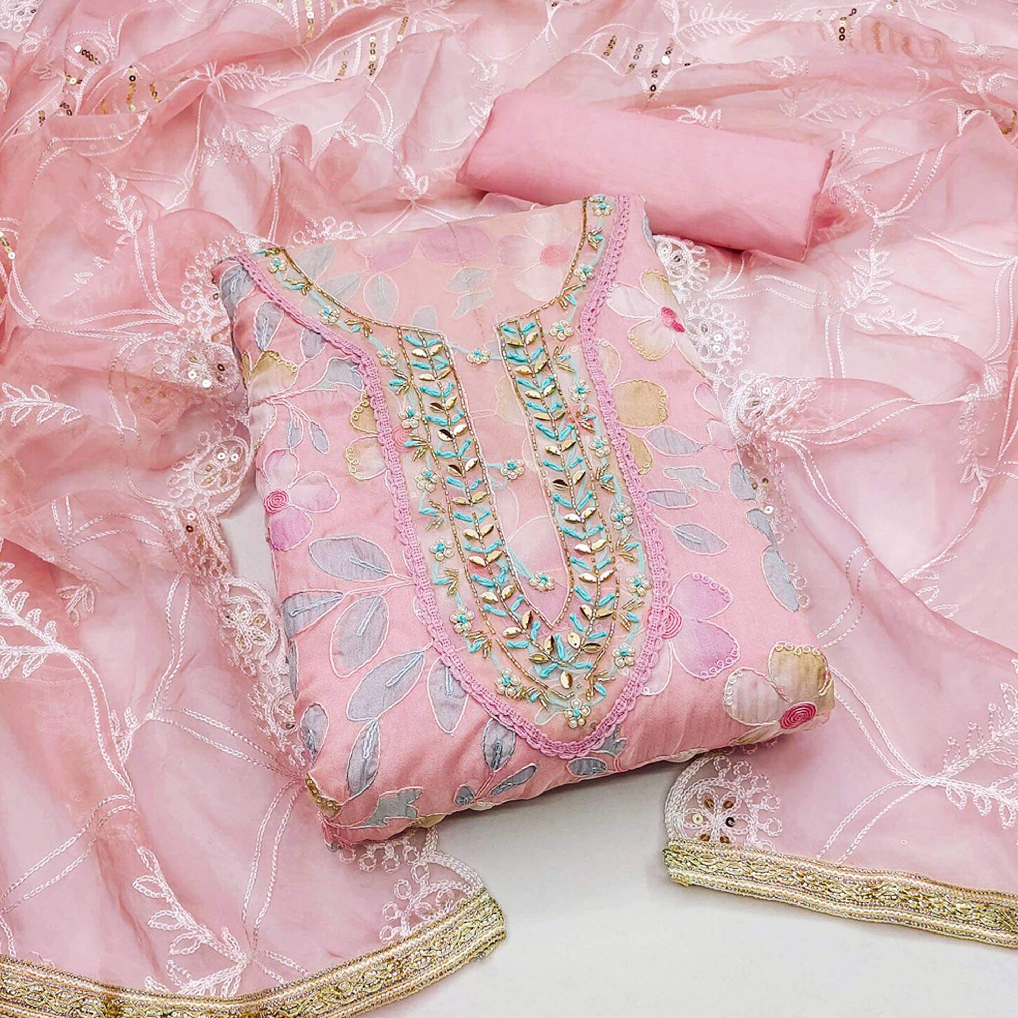 Peach Printed With Handwork Organza Dress Material