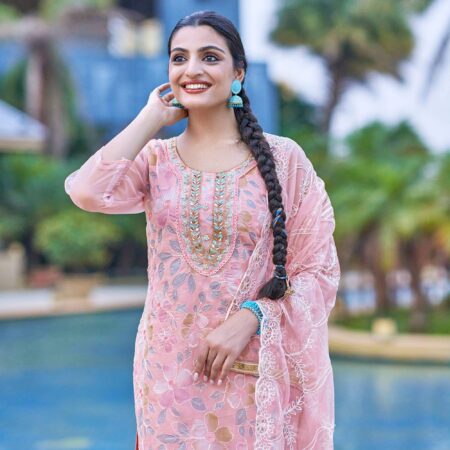Peach Printed With Handwork Organza Salwar Suit - Image 2