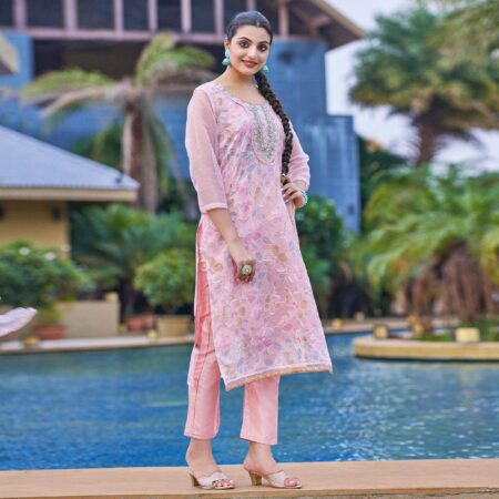 Peach Printed With Handwork Organza Salwar Suit - Image 3