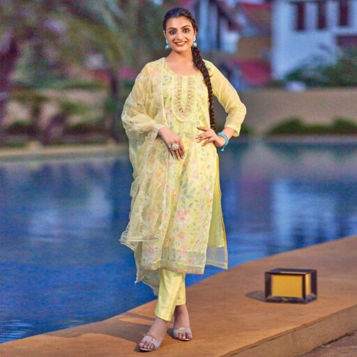 Yellow Printed With Handwork Organza Salwar Suit