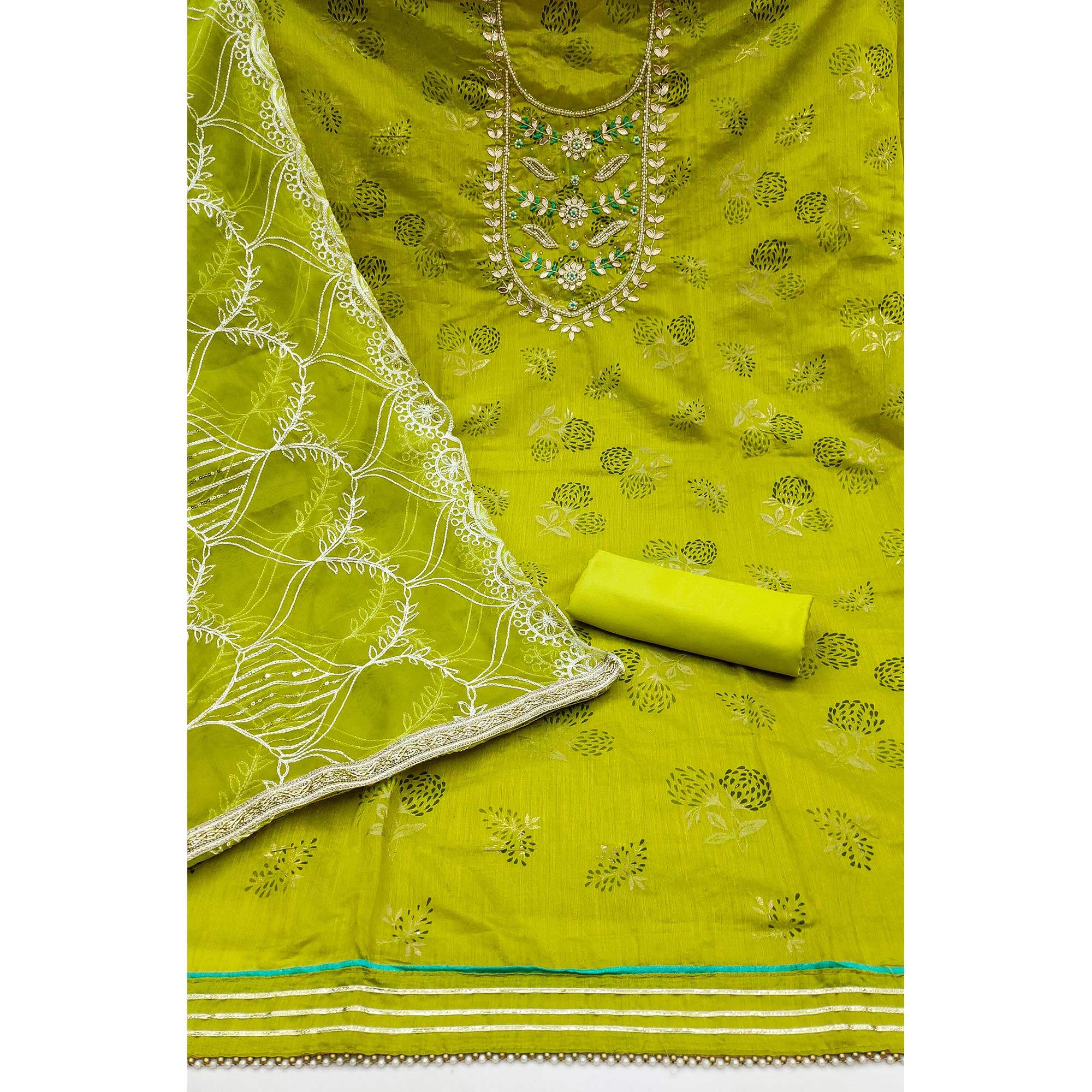 Green Floral Printed Handwork Modal Dress Material - Image 2