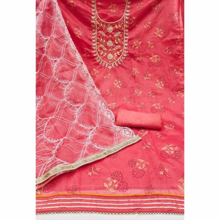 Pink Floral Printed Handwork Modal Dress Material - Image 2