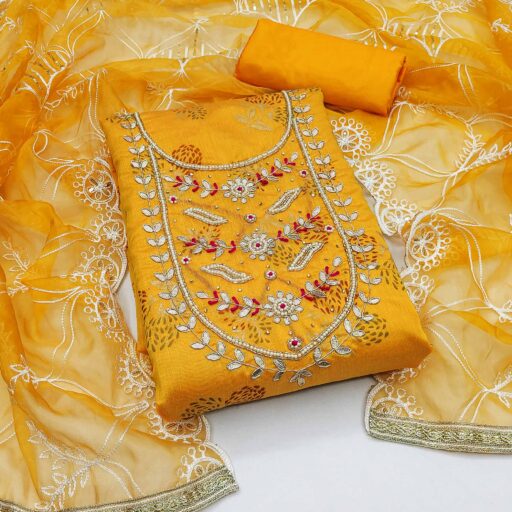 Yellow Floral Printed Handwork Modal Dress Material