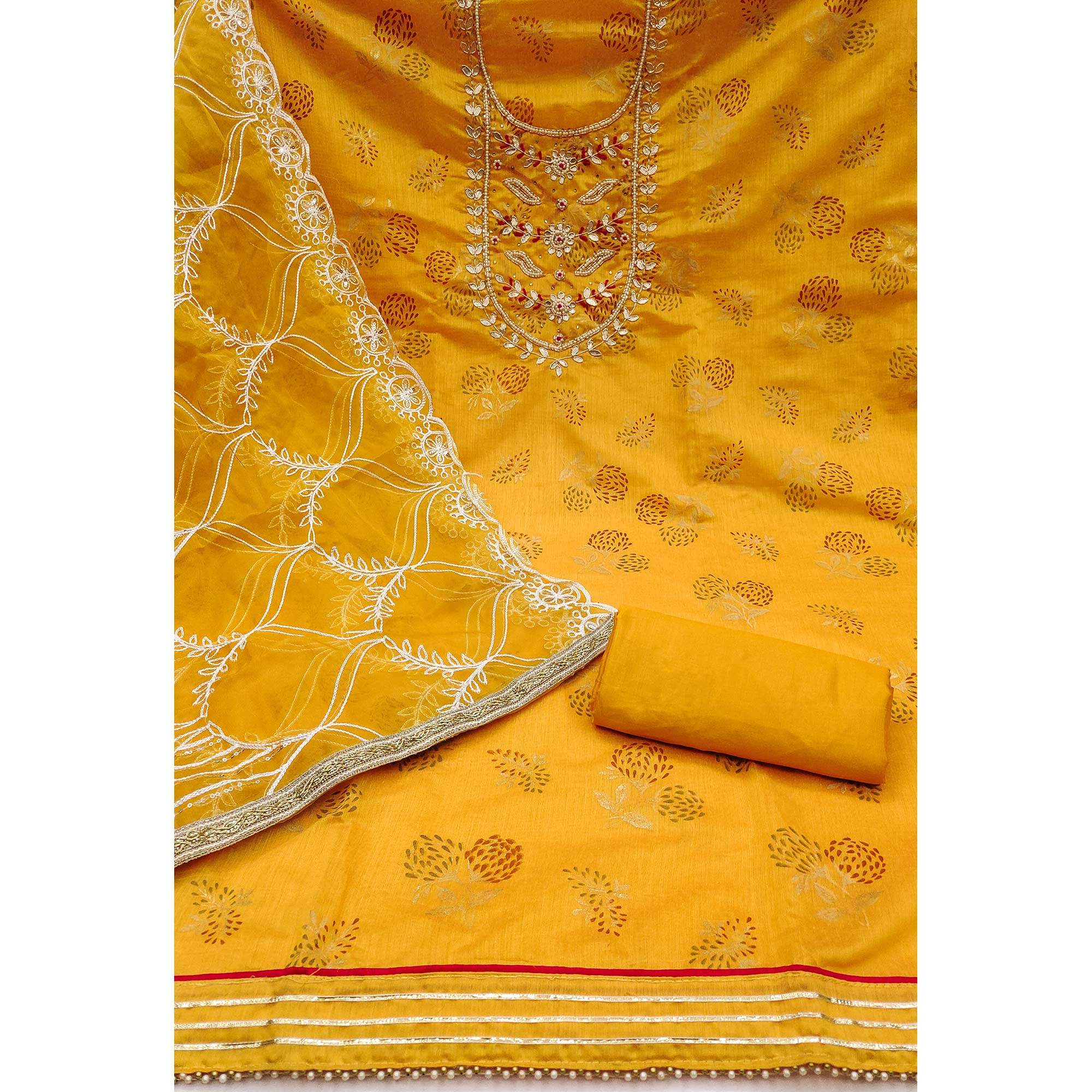 Yellow Floral Printed Handwork Modal Dress Material - Image 2
