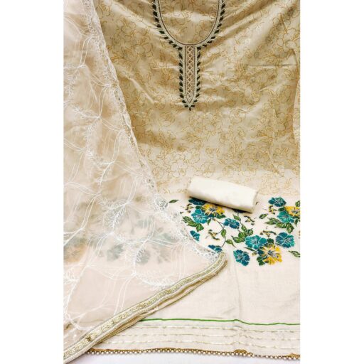 Cream Floral Printed Modal Dress Material - Image 2