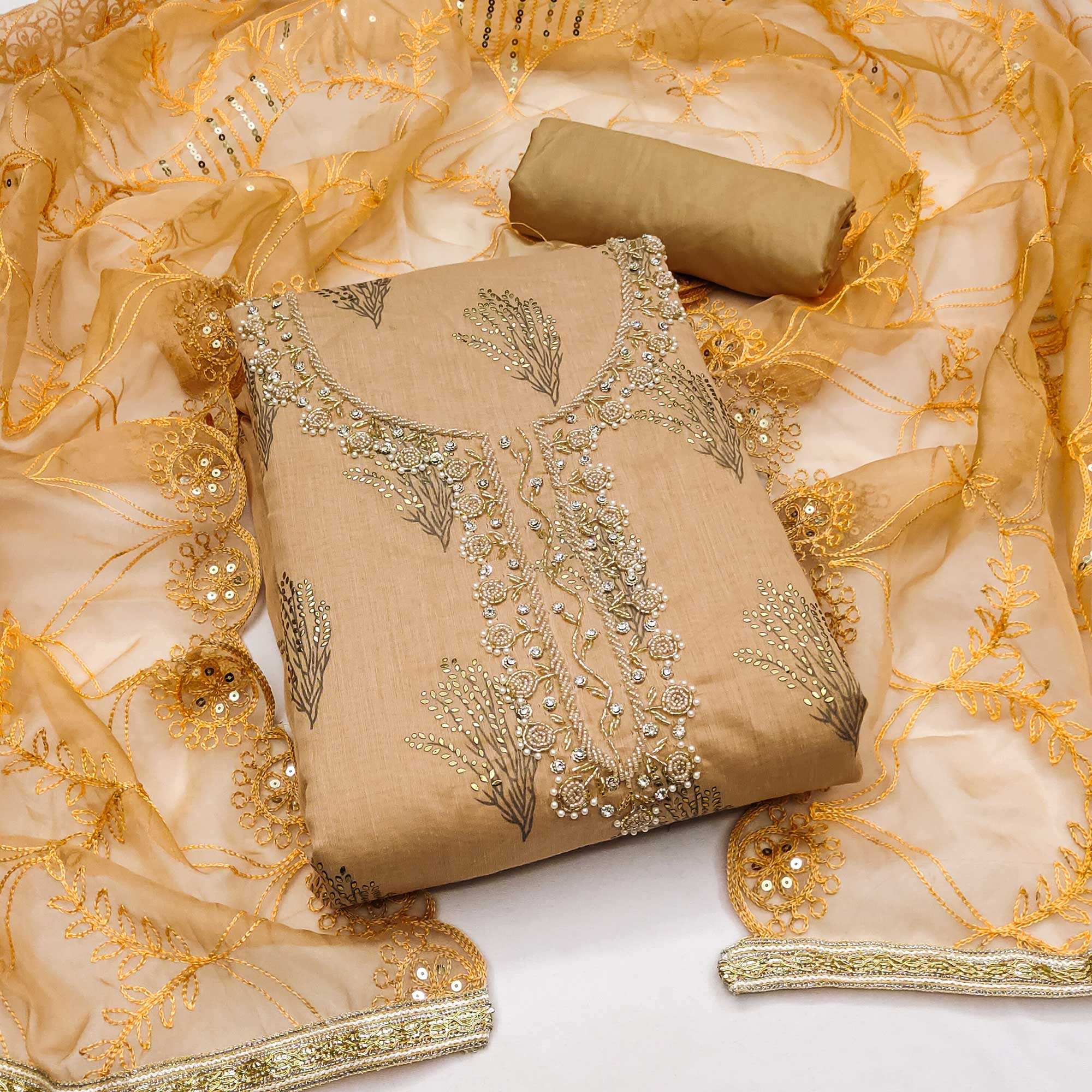 Dark Beige Printed With Handwork Modal Dress Material