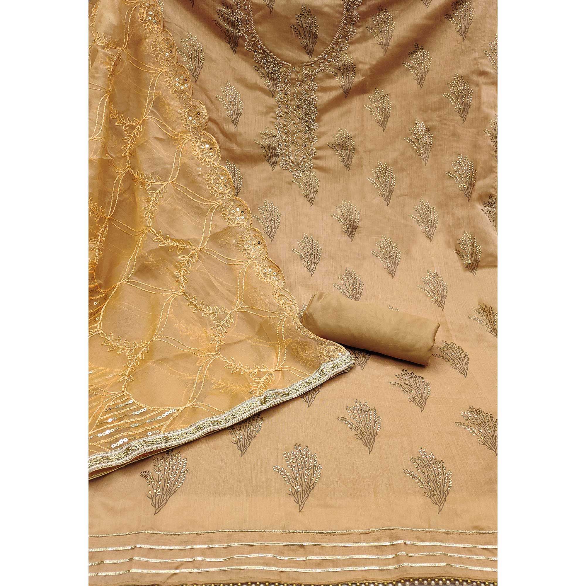 Dark Beige Printed With Handwork Modal Dress Material - Image 2