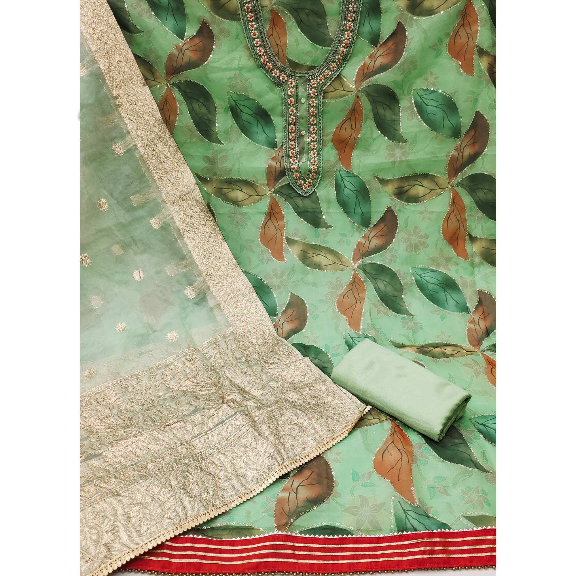 Green Digital Printed With Handwork Organza Dress Material - Image 2